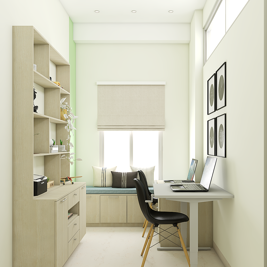 Spacious White Home Office Design With Storage Unit And Window Bench