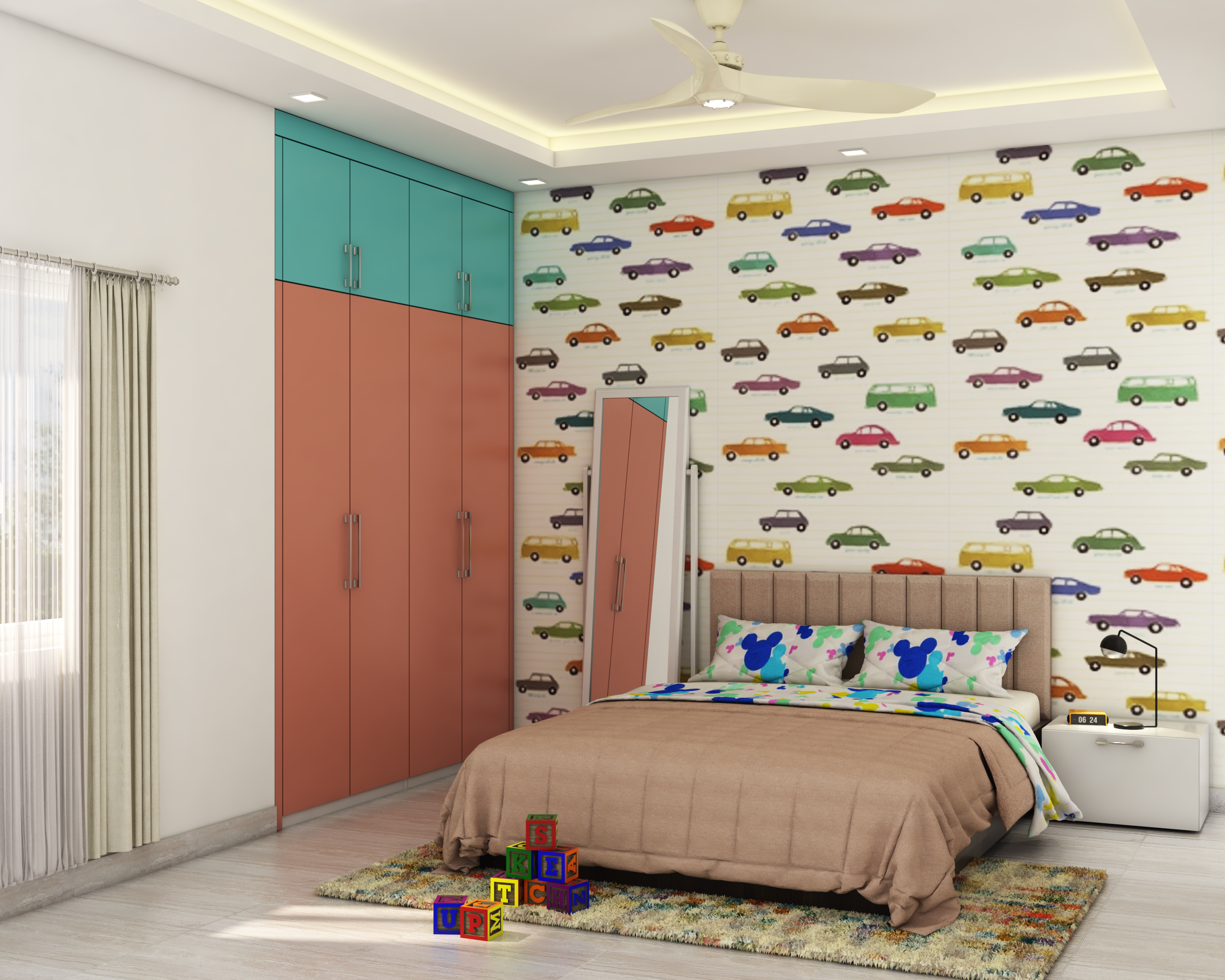 Kid's Bedroom Design With Multiple Colours And Car-Themed Wallpaper |  Livspace