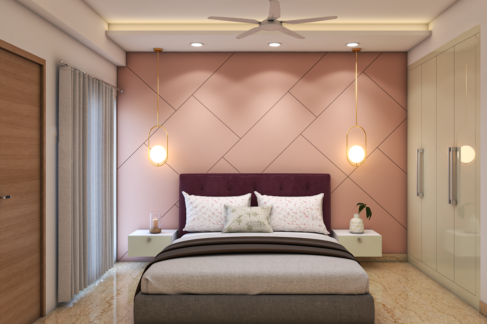 Modern Peach Bedroom Wall Design With Grooves
