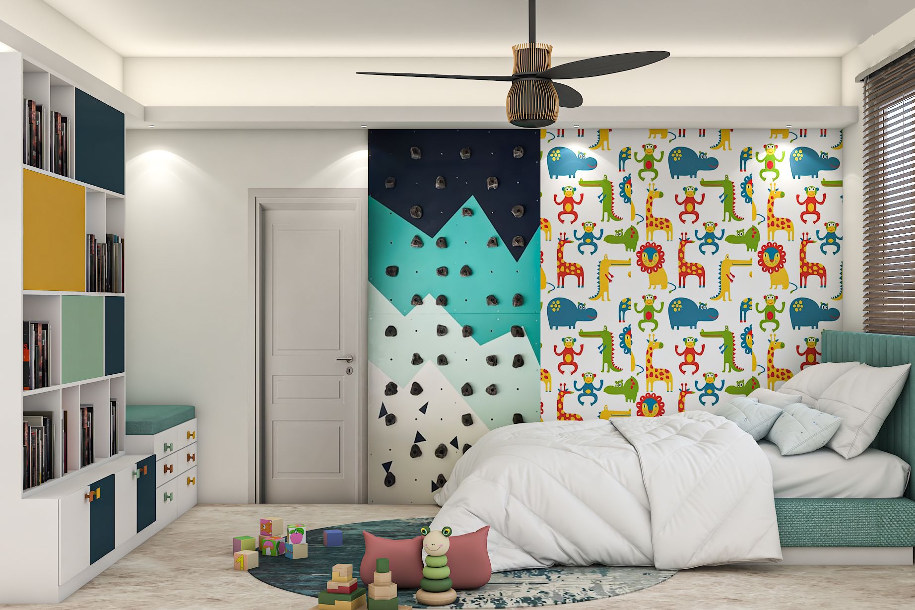 Modern Kid's Bedroom Design With Climbing Wall And Giraffe Doodle ...