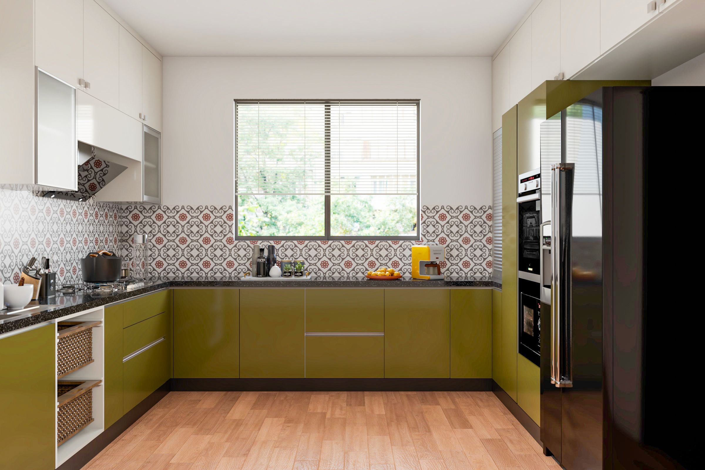 Spacious Lime Kitchen Design With Black Marble