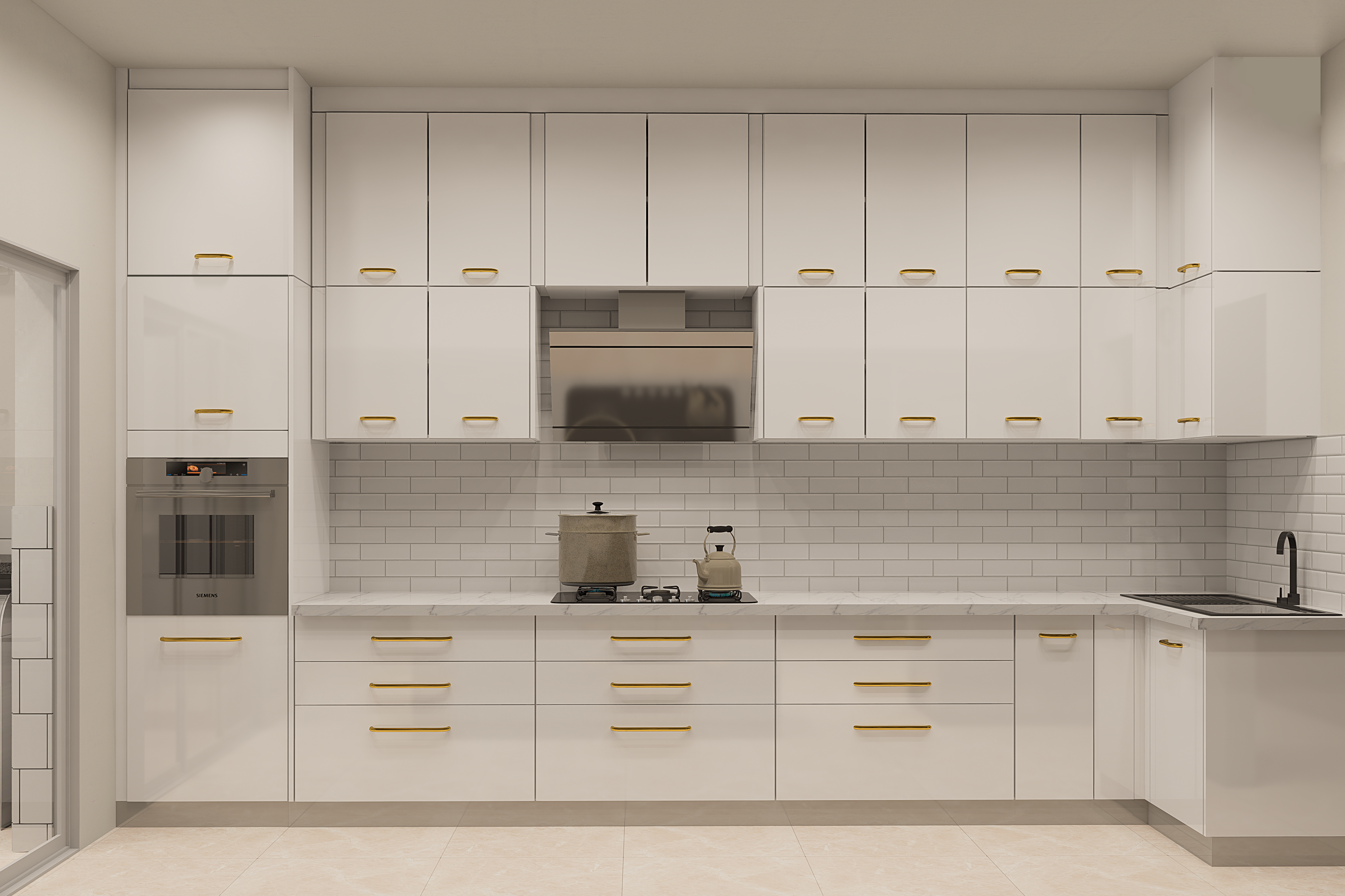 Modular White Themed Kitchen With Dado Tiles