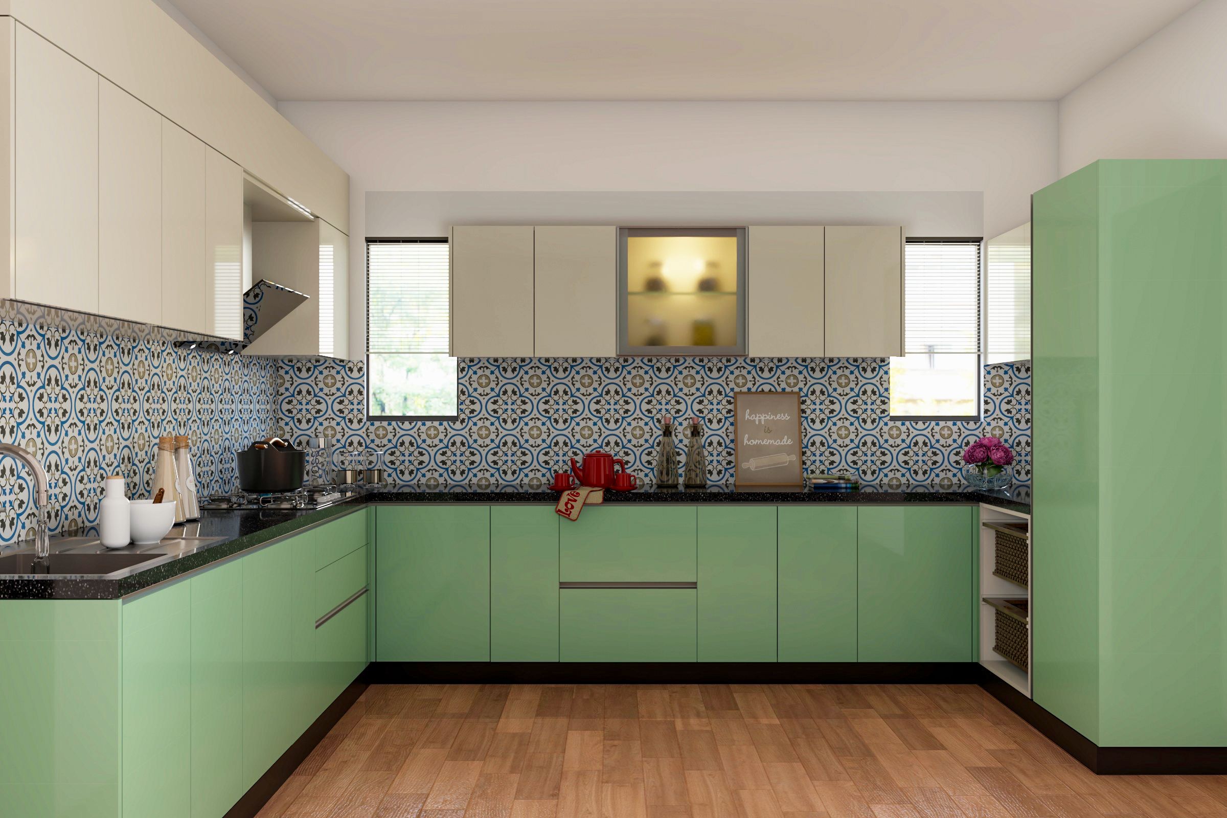 Spacious Light Green Modular Kitchen Design With Frosted Glass