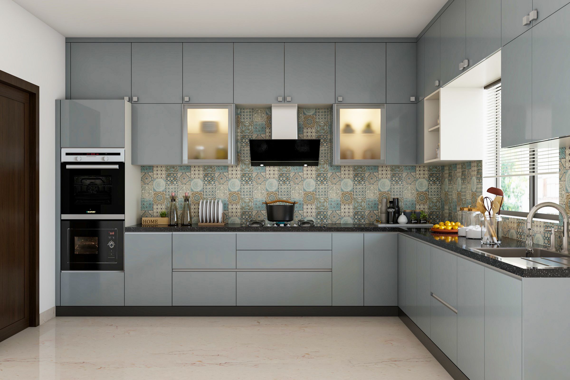 Grey L-Shaped Kitchen Design With Open Shelves