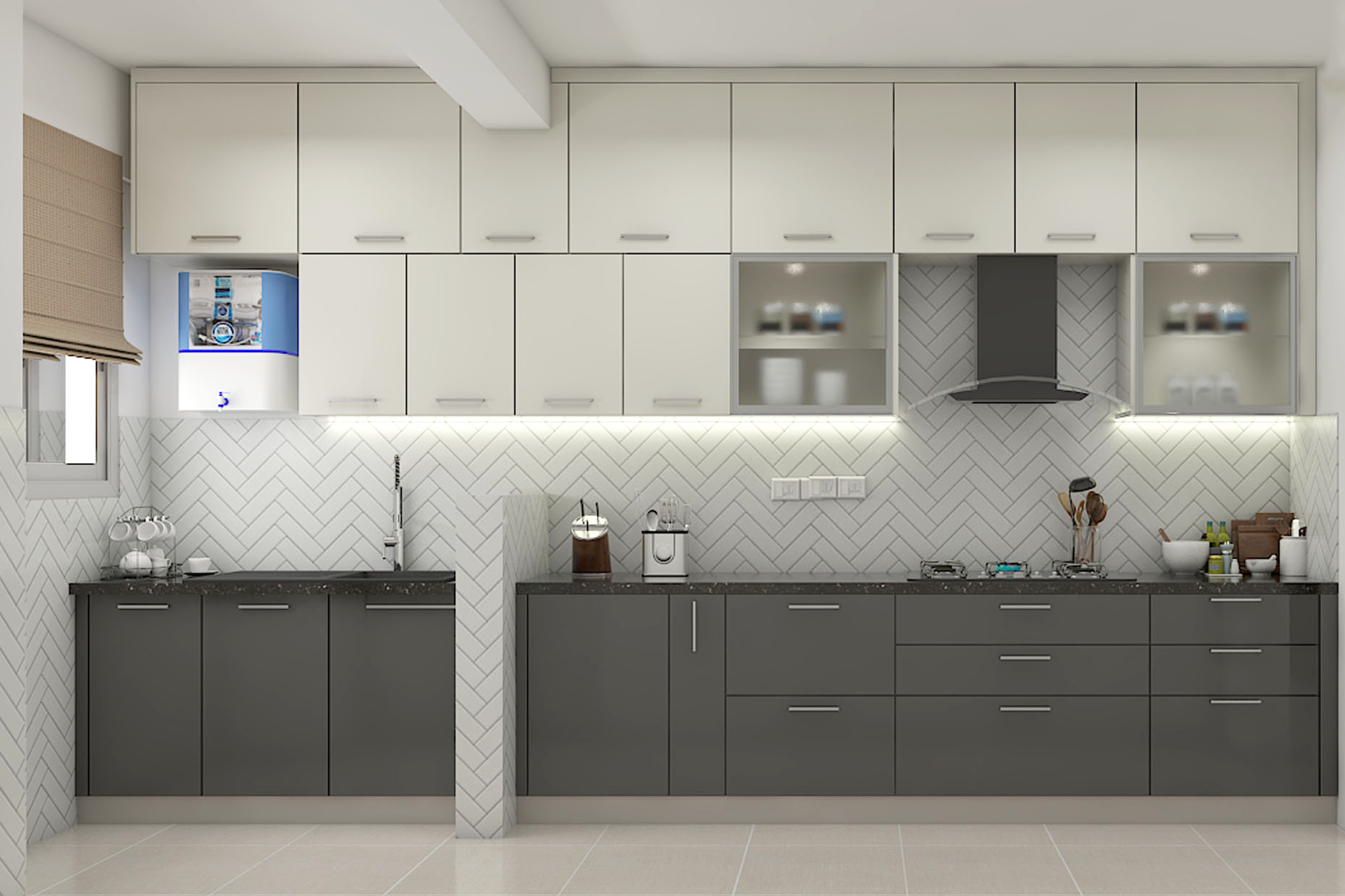 Spacious Grey And White Modern Kitchen Design