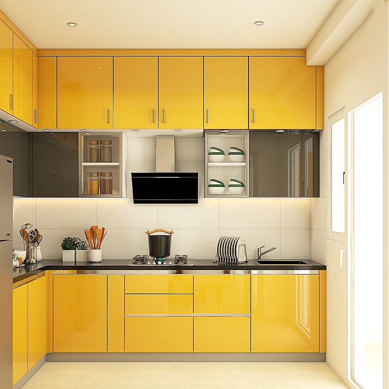 Spacious Yellow And White Modular Kitchen Design