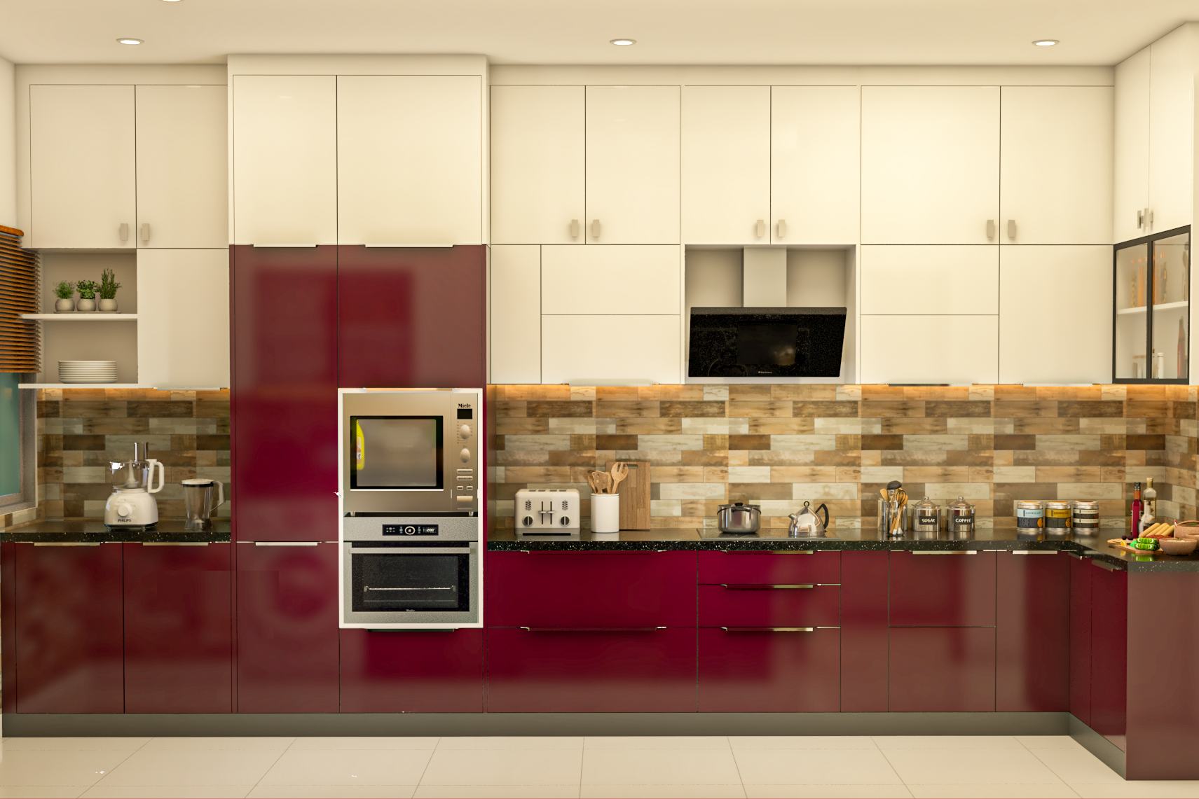 Contemporary L-Shaped Red And White Kitchen Design