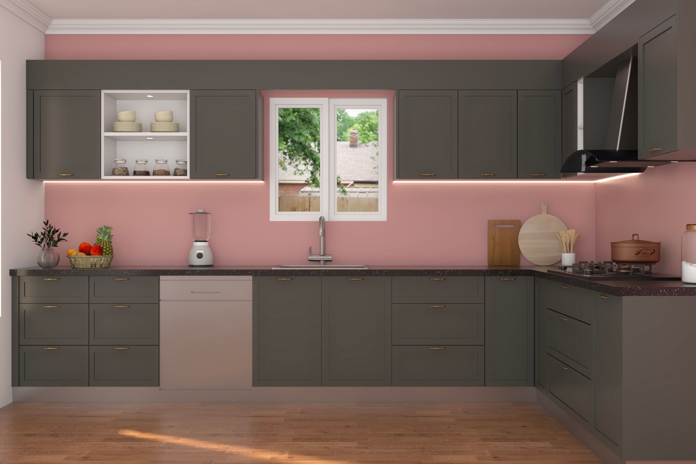 Pink Modern Spacious Kitchen Design With Storage Cabinets