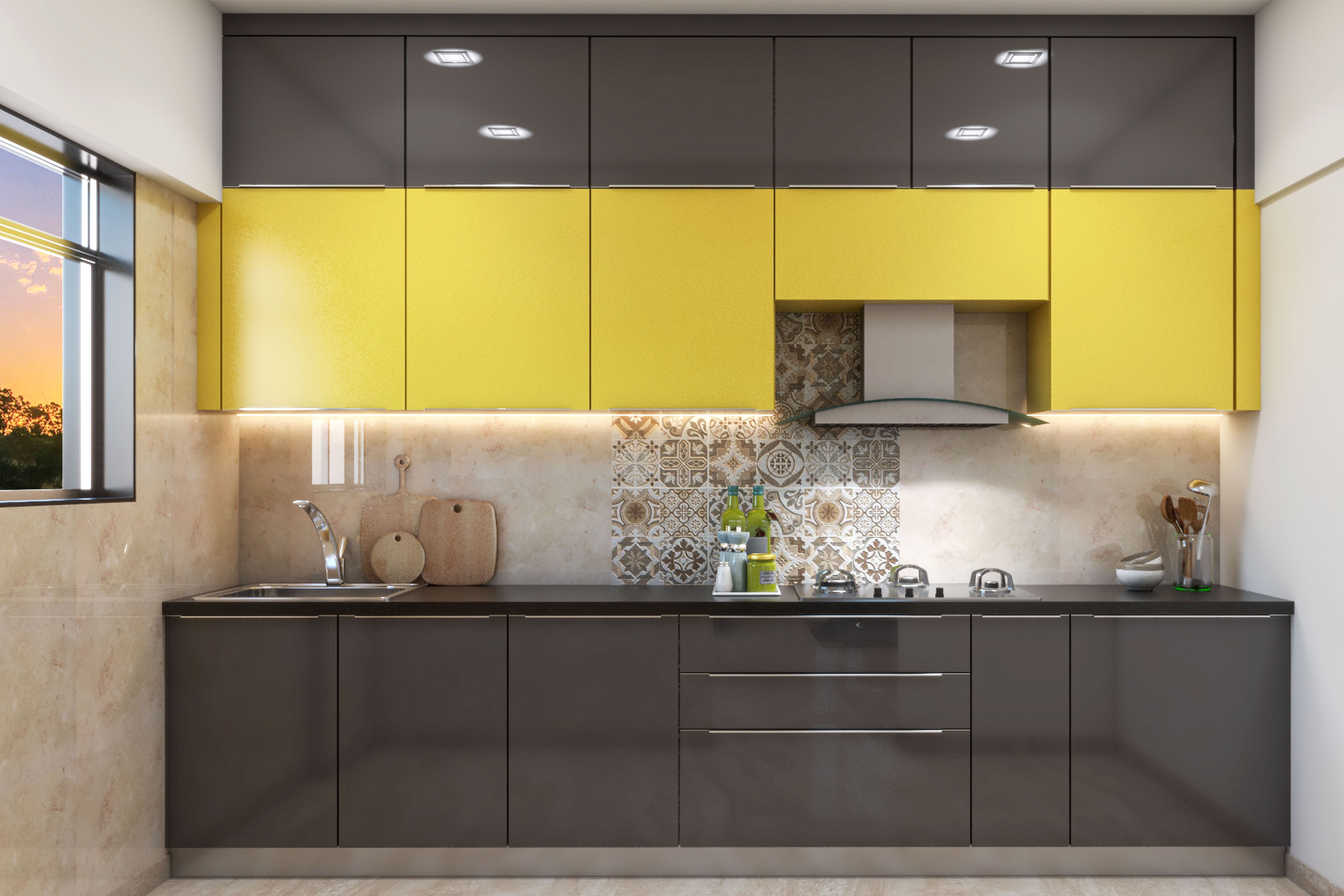 Spacious Yellow-Grey Modular Kitchen Design