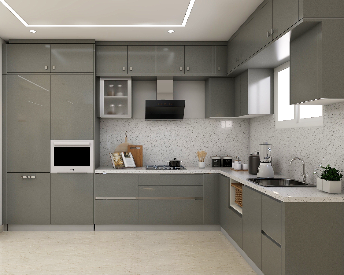 Modern Grey And White L-Shaped Modular Kitchen Design