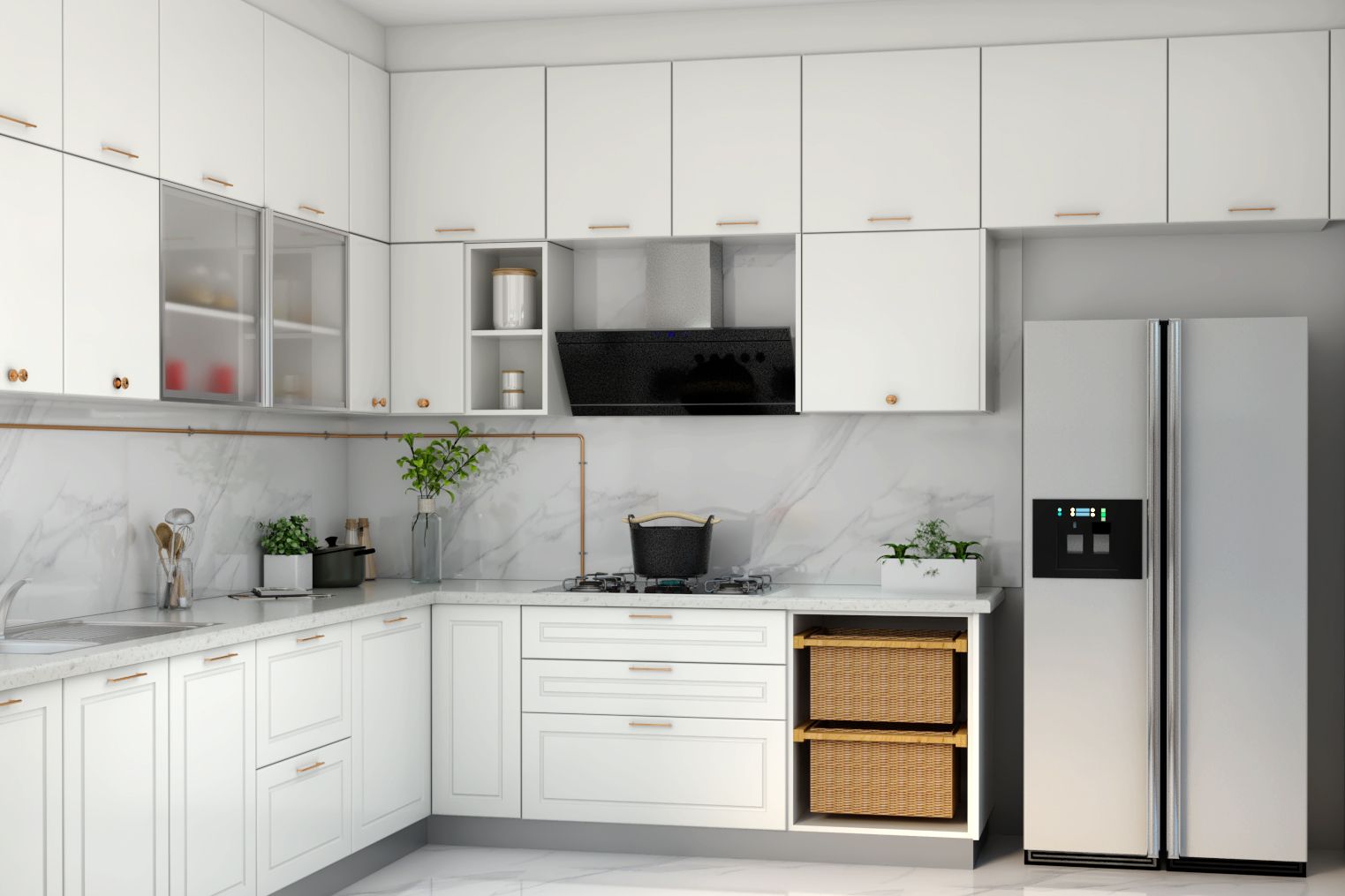 Modular White Themed Kitchen With Ample Storage Space
