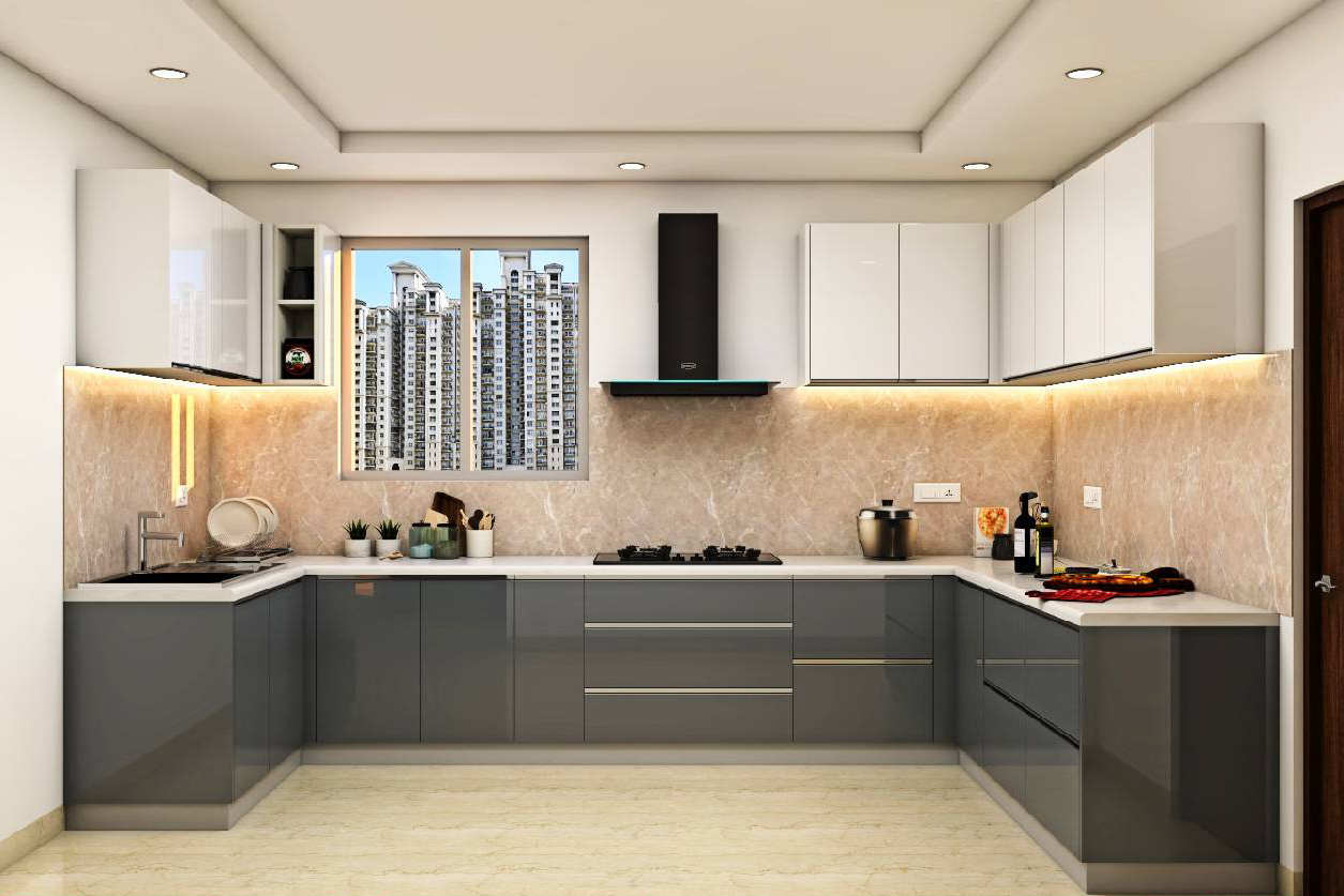 Modern U-Shaped Modular Kitchen Design In Charcoal Grey And White