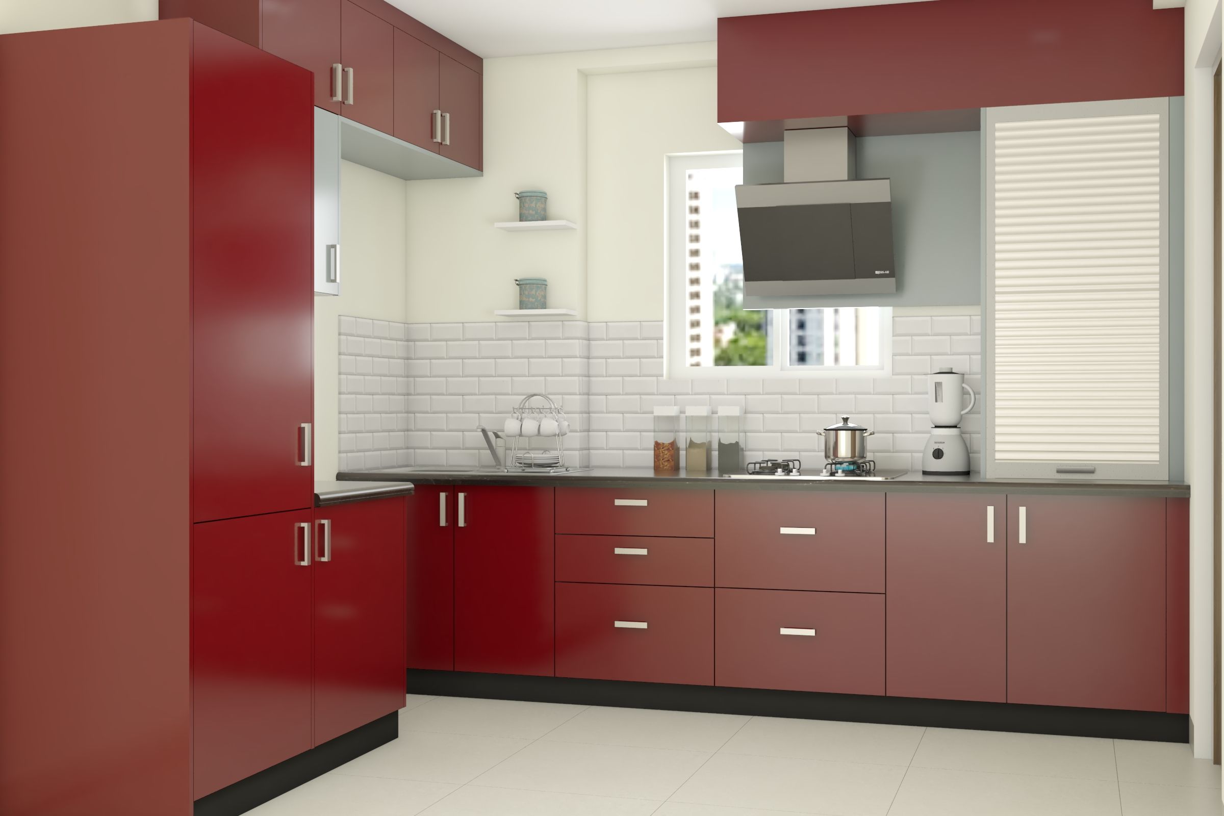 Compact Red And White Kitchen Design With Open Shelves