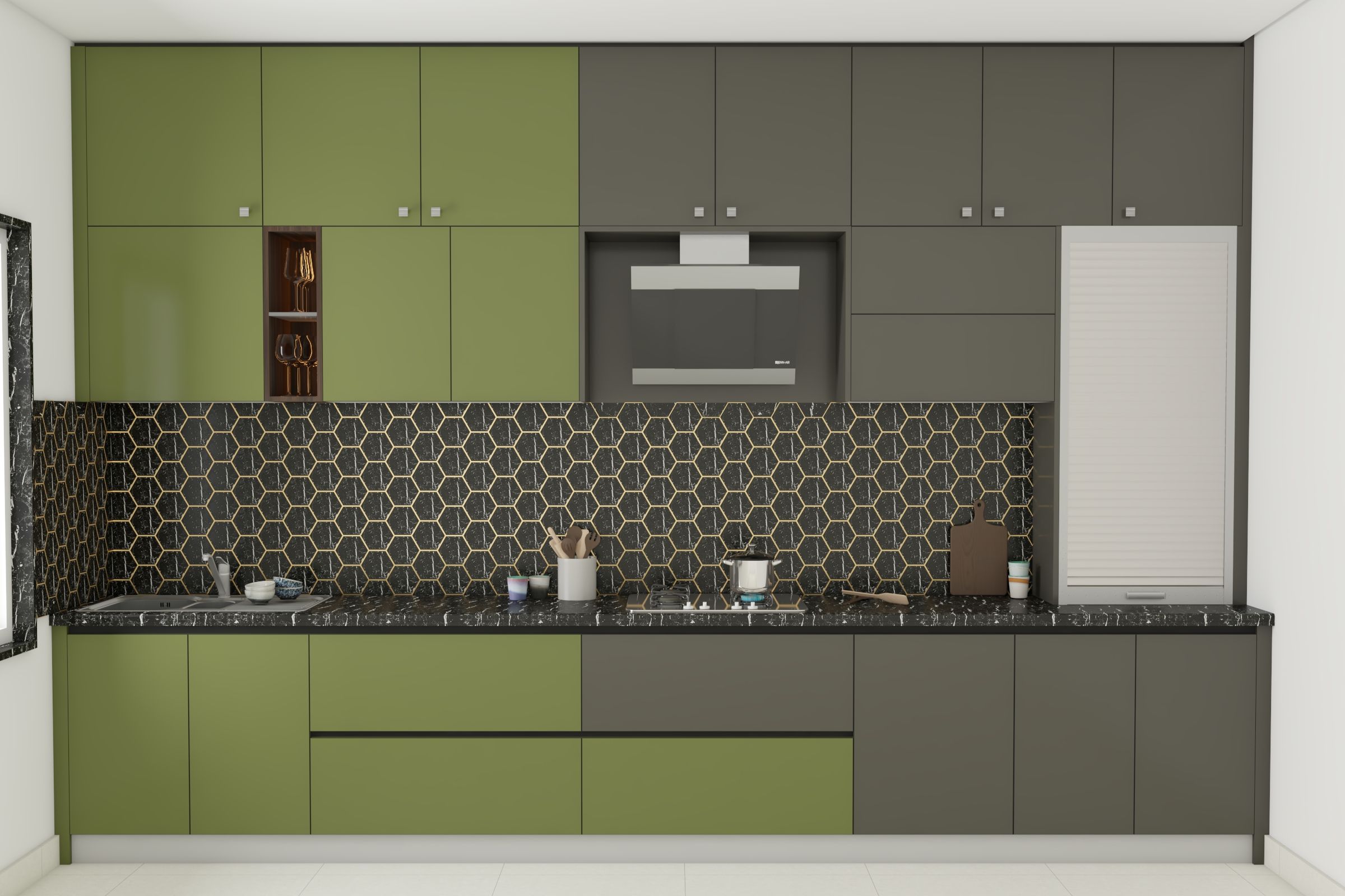 Dual Tone Straight Contemporary Kitchen Design In Golf Green And Gothic Grey