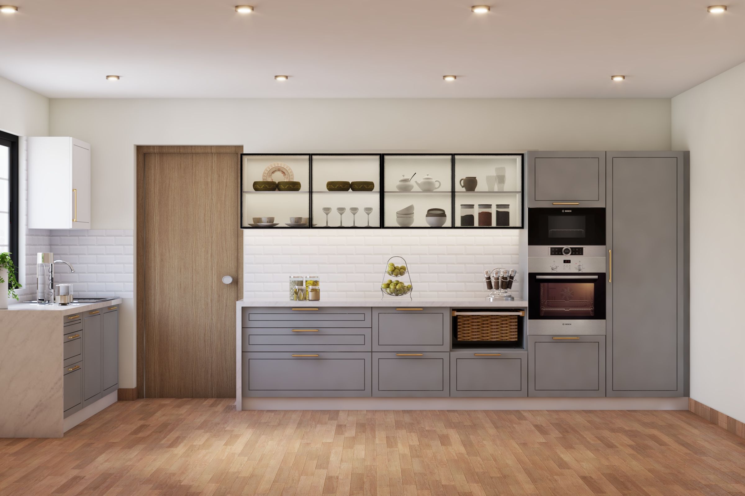 Grey Modern Modular Kitchen Design With Wooden Flooring