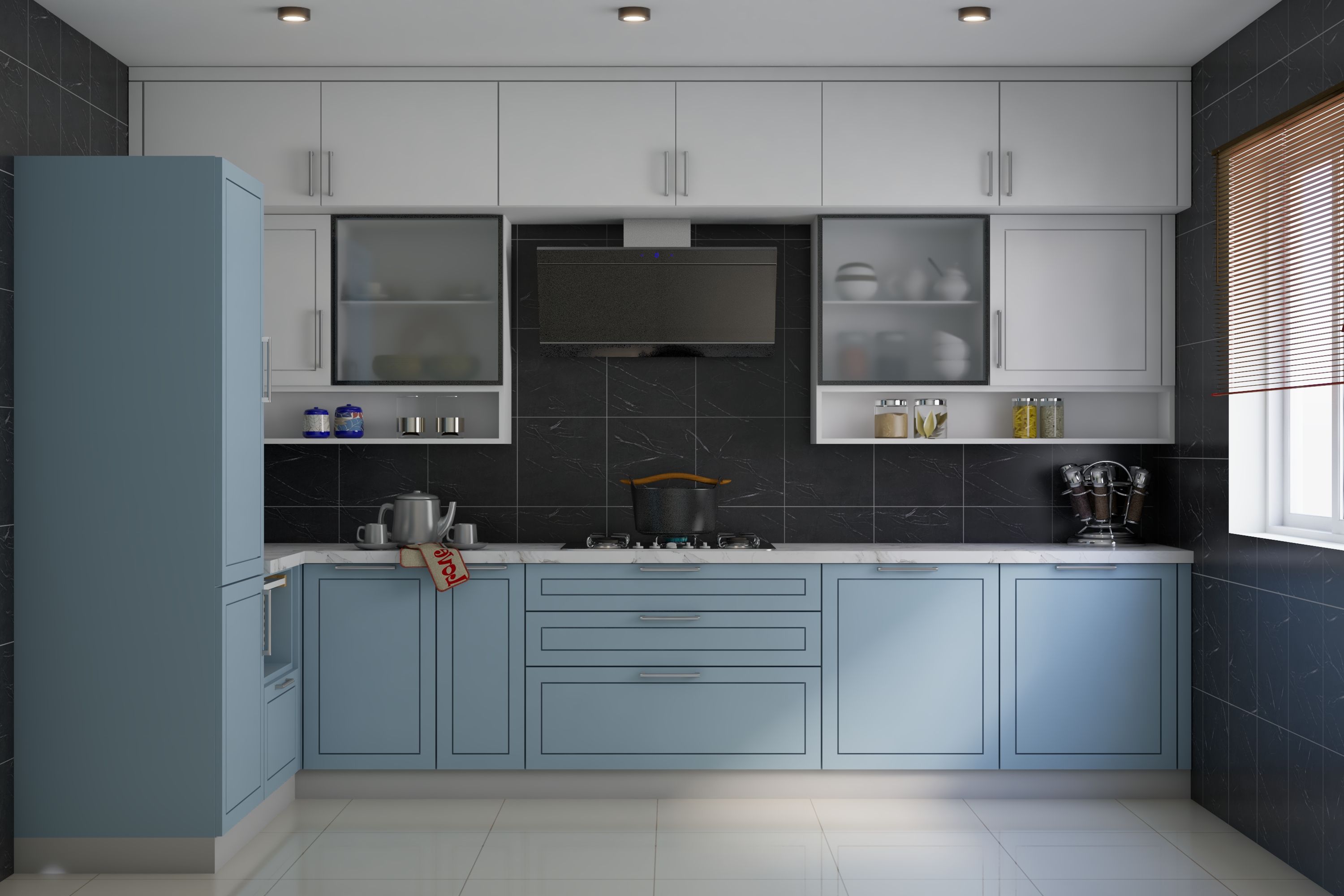 Modern White And Blue Modular Kitchen Design With White Marble Top