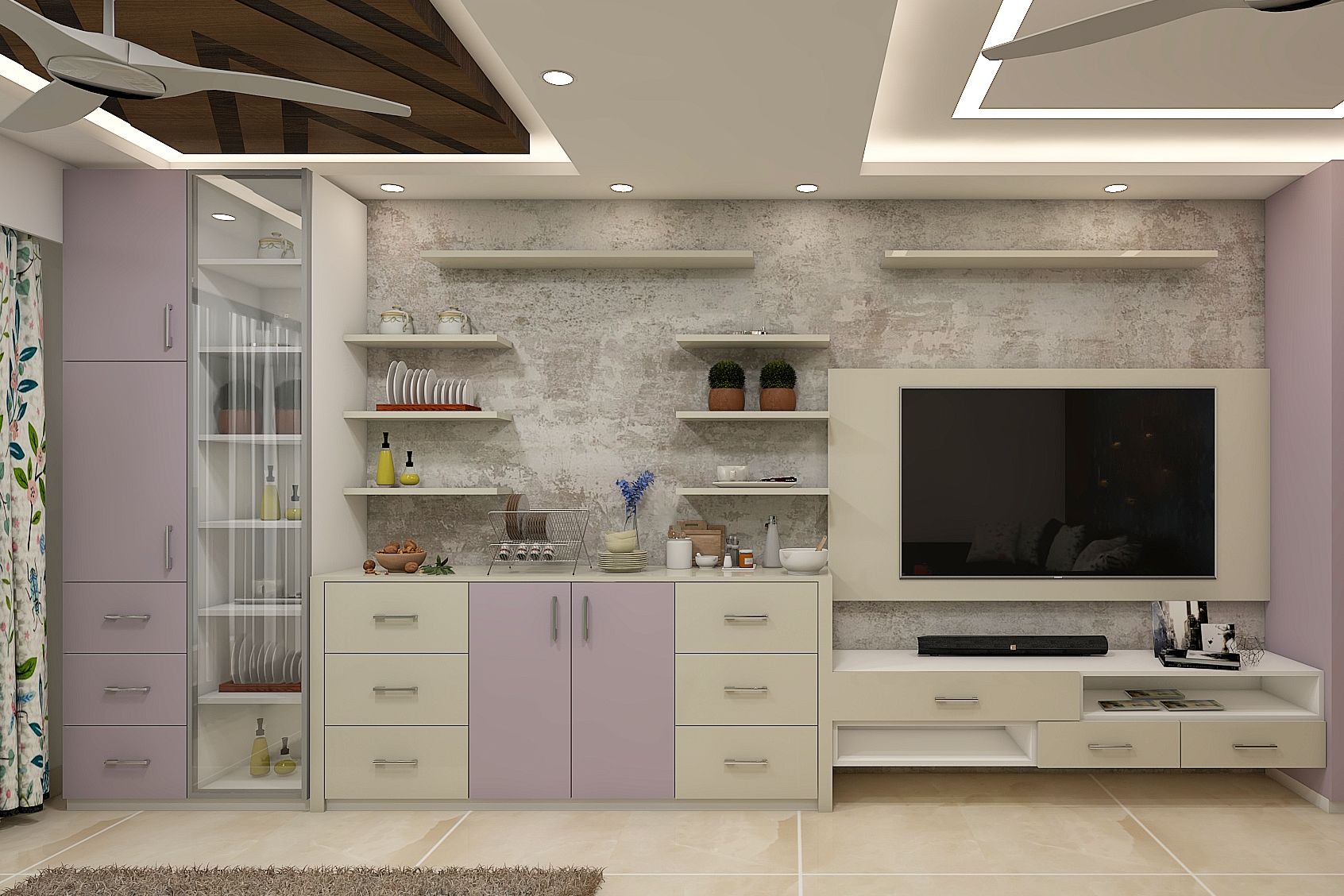 Contemporary Spacious Living Room Design With Lavender And White Decor ...