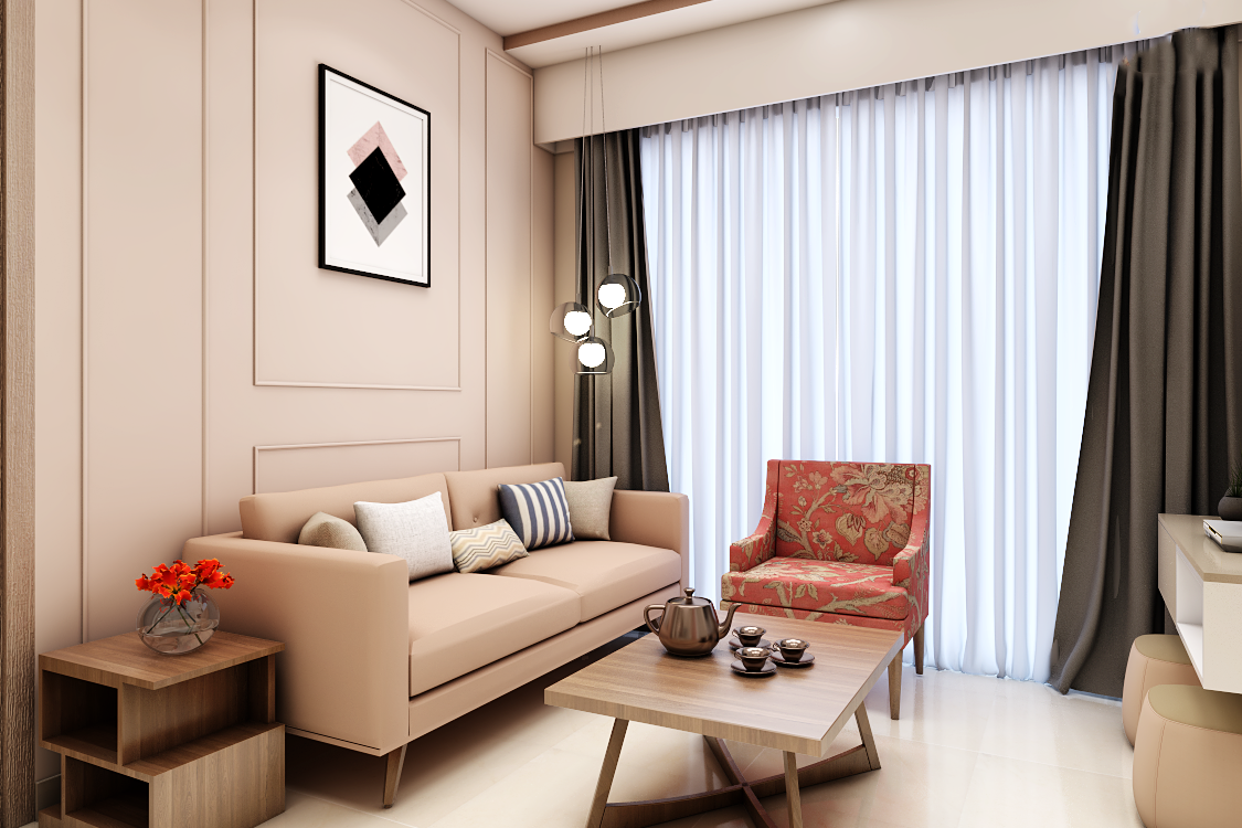 Modern Living Room Design In Beige With A Floral Chair