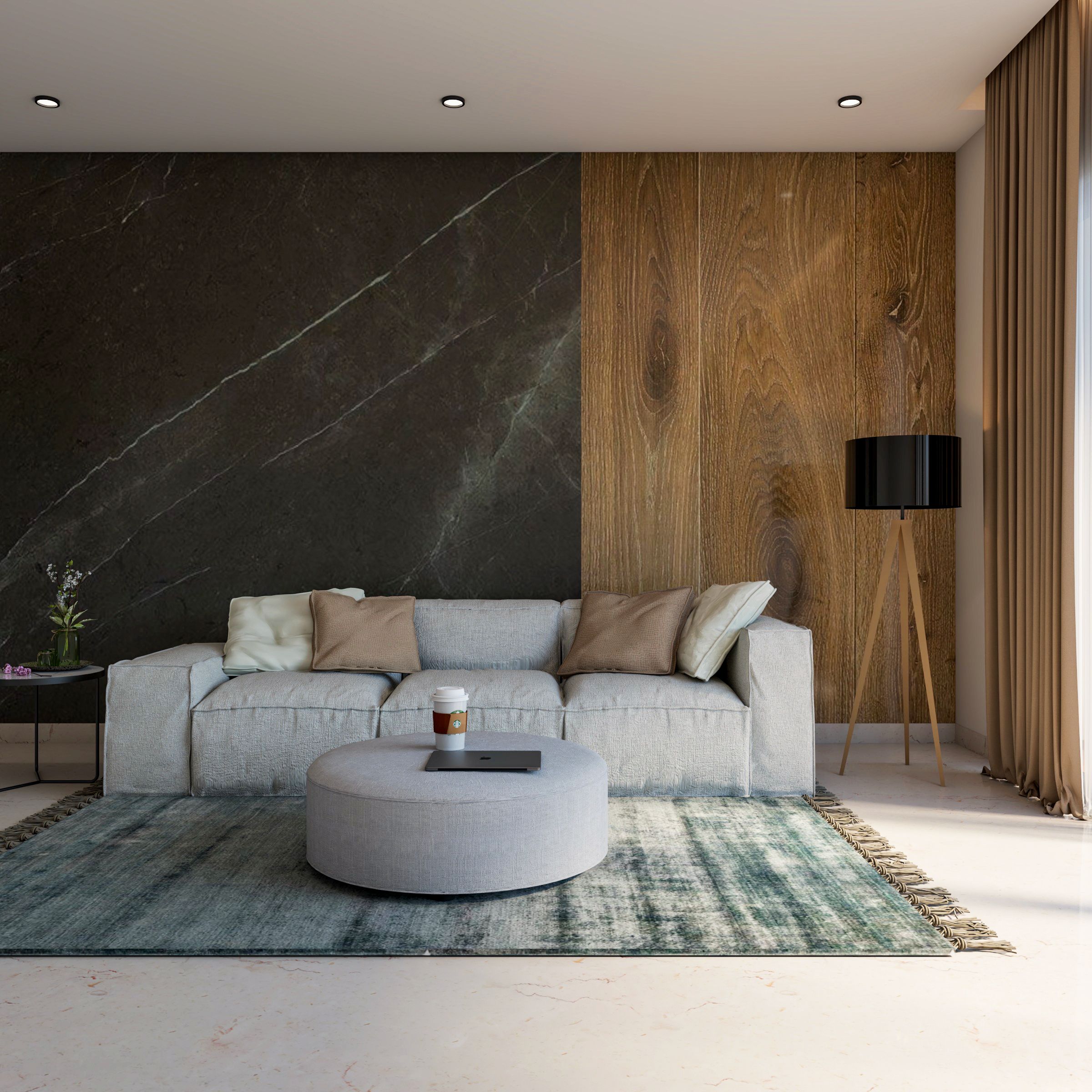 Modern Living Room Design With Black Stone Wall And Wooden Paneling ...
