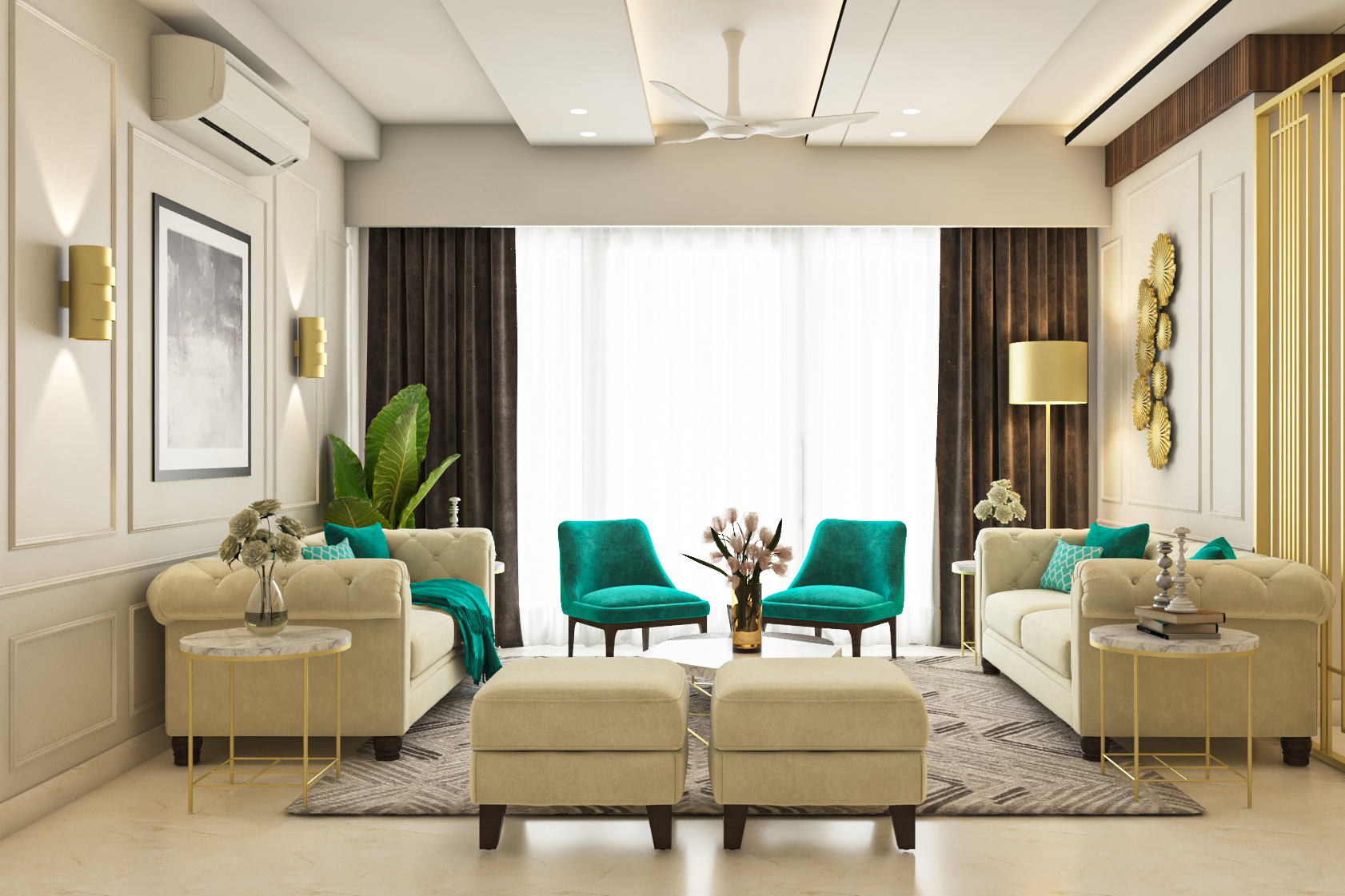 Classic Pearl White Living Room Design With Turquoise Blue Chairs