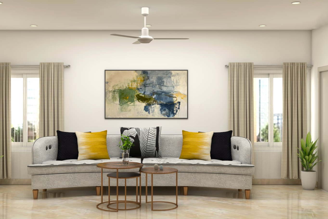 Modern Living Room Design With Grey Sofa And Wall Art