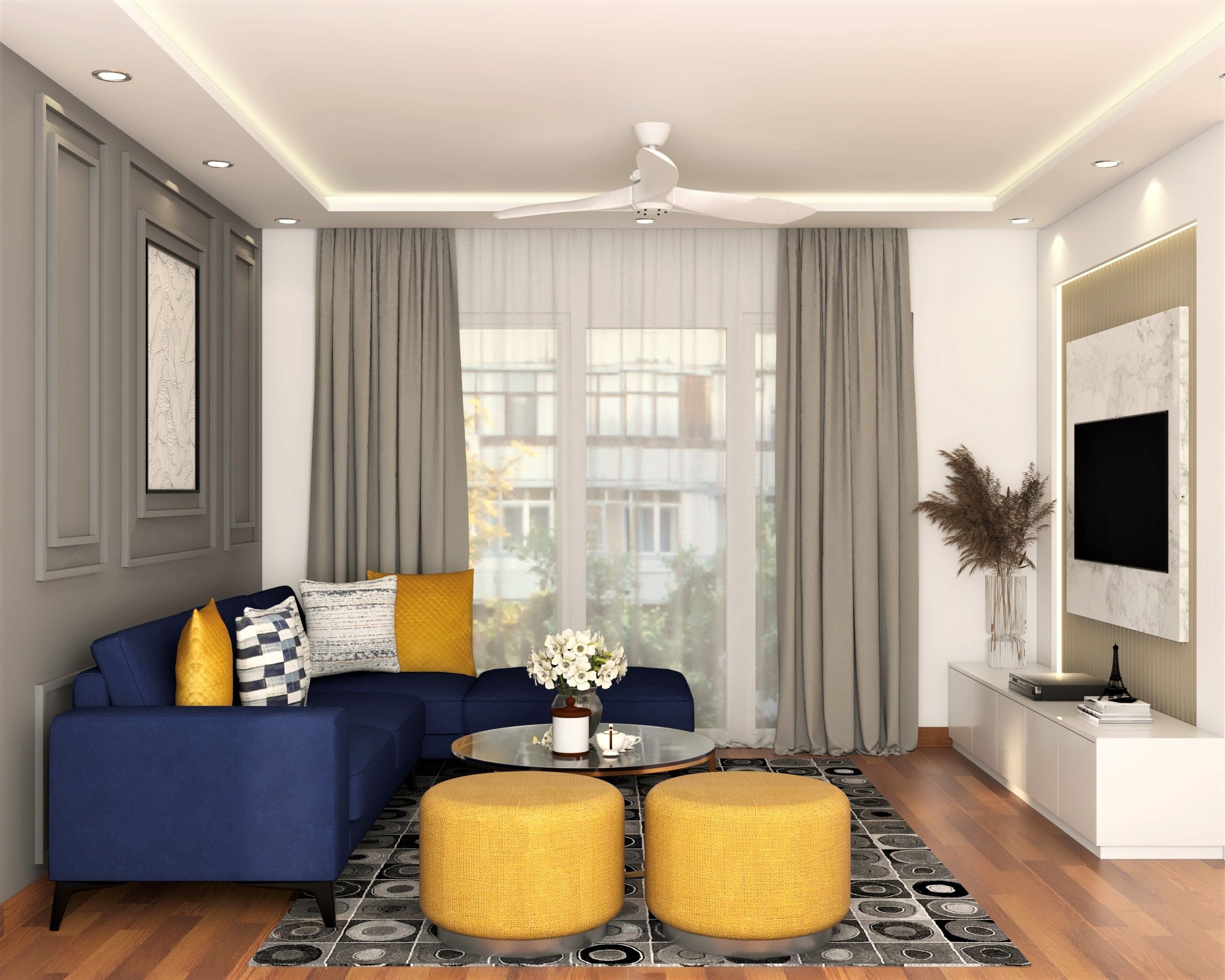 Contemporary Living Room Design With Dark Blue Seater | Livspace