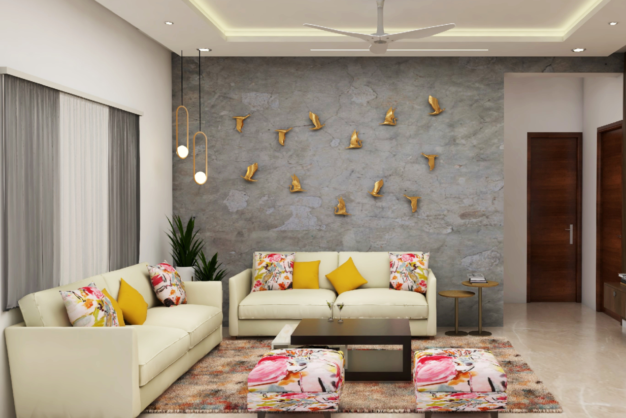 Spacious L-Shaped Living Room Design With Off-White Sofa Set