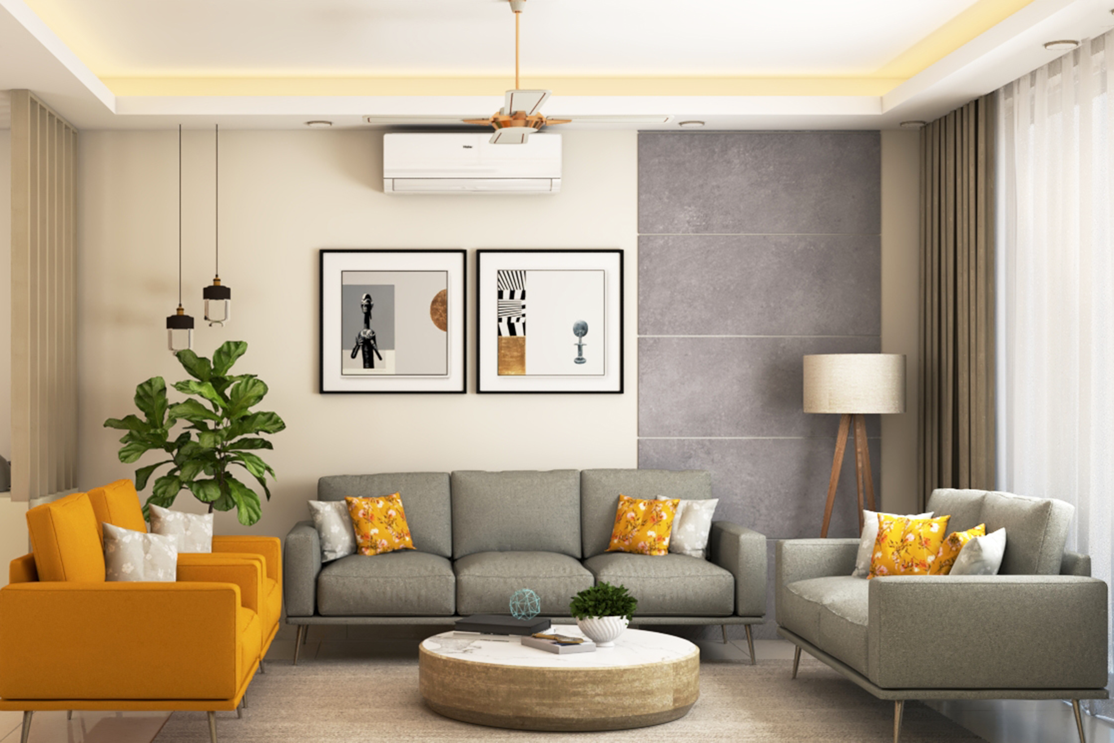 Contemporary U-Shaped Living Room Design In Yellow And Grey