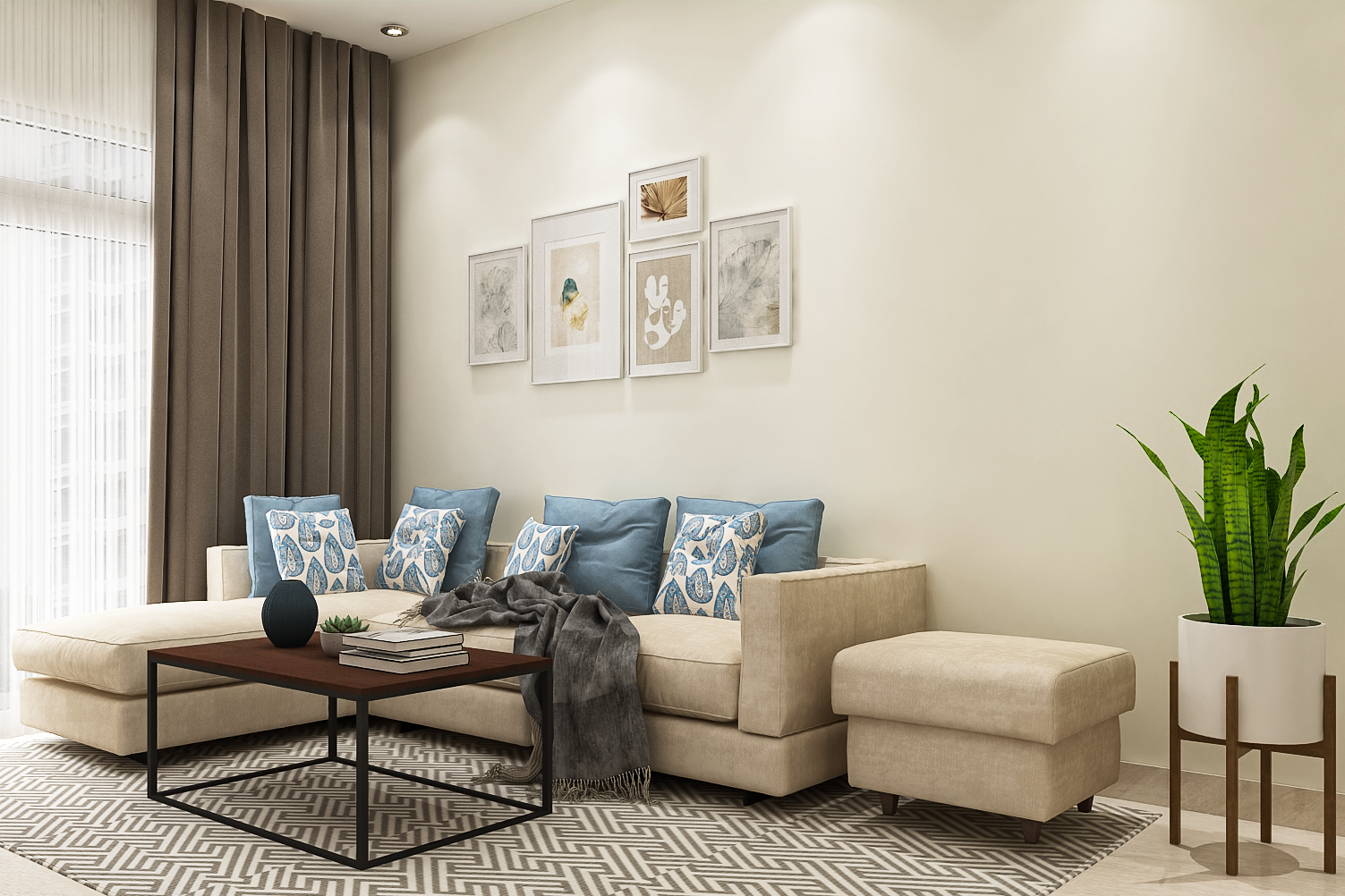 Modern Living Room Design With L Shaped Beige And Blue Sofa