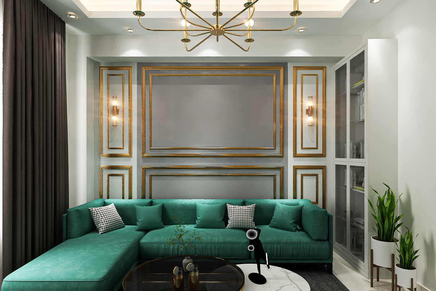 Classic Living Room Design With L-Shaped Green Sofa