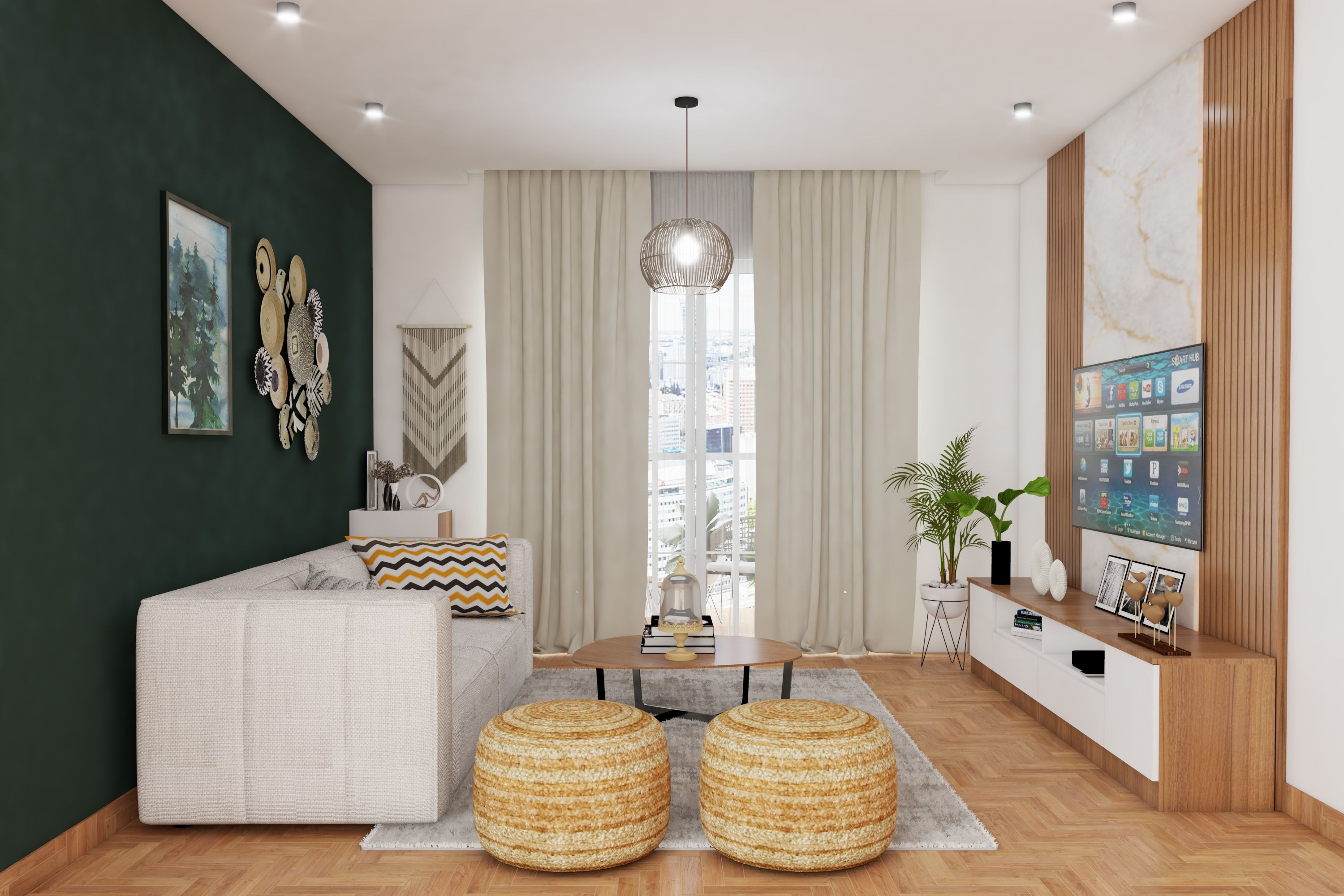 Modern Living Room Design With Dark Green Textured Wall And Beige-Toned ...