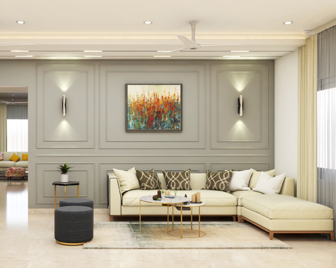 Compact Living Room Design With Grey Wall And L-Shaped Sofa | Livspace
