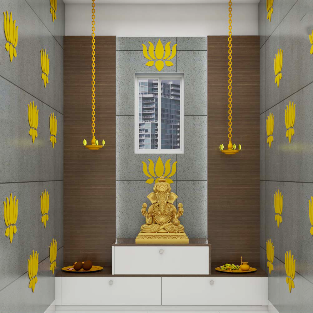 Modern Closed Pooja Room Design With Hanging Lamps | Livspace
