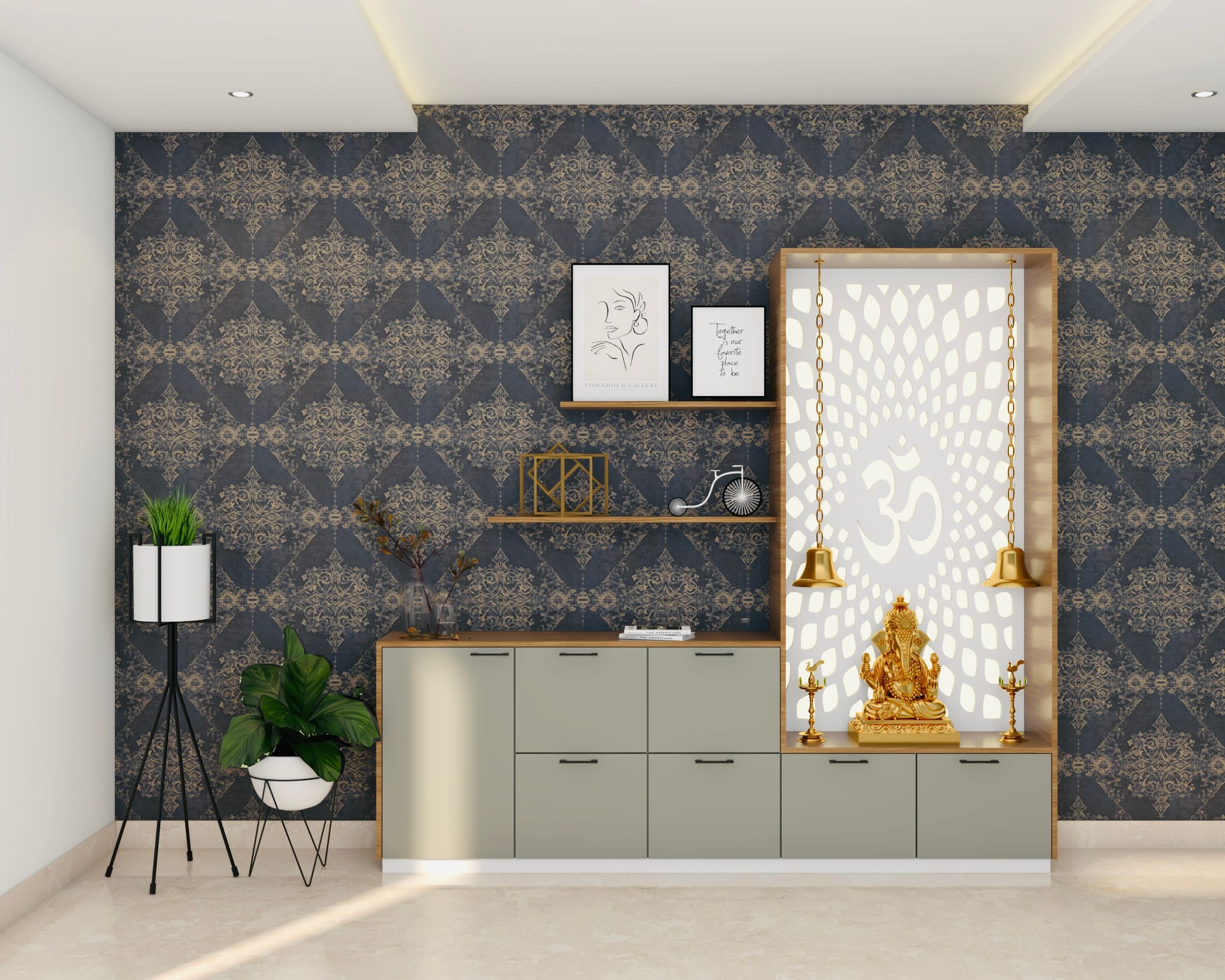 Spacious Pooja Room Design With Oak Storage Unit | Livspace