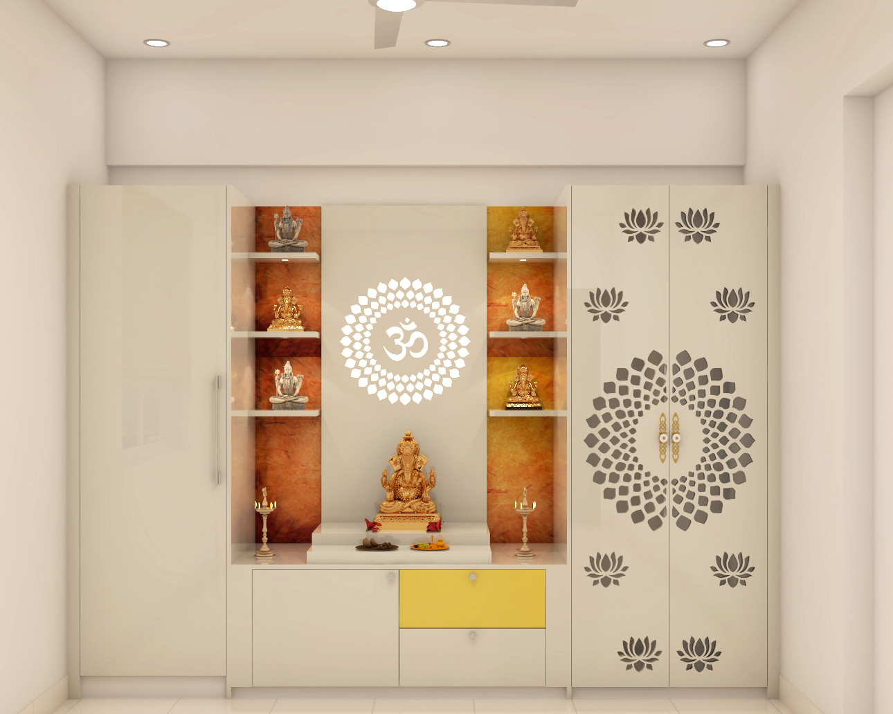 Spacious Pooja Room Design With Storage And Shelves | Livspace