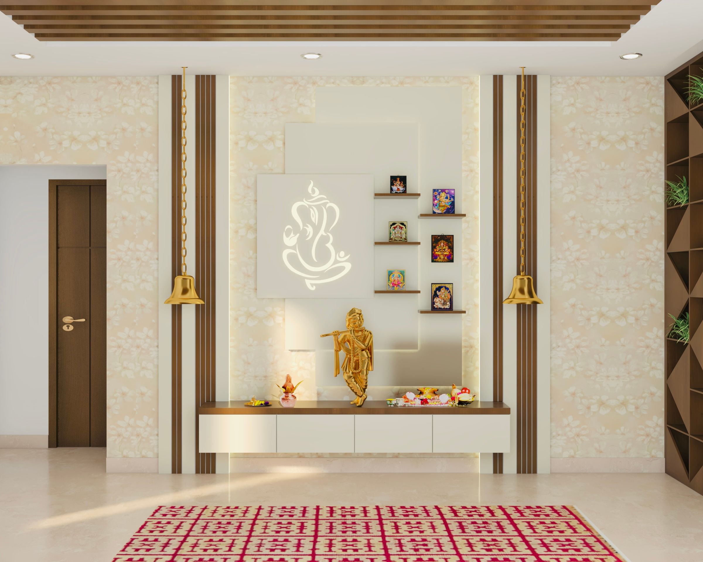 Spacious Pooja Room Design With White Console | Livspace