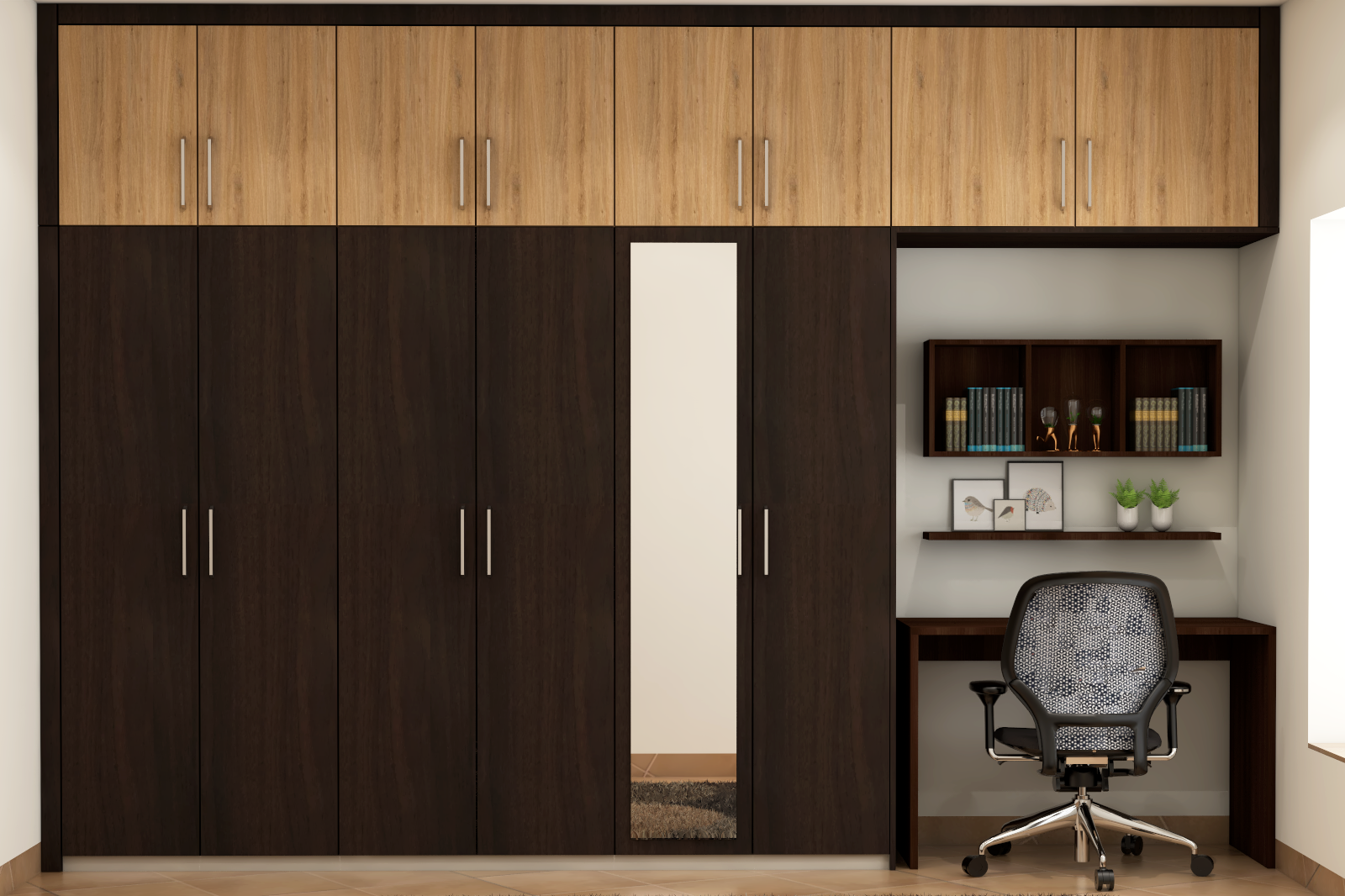Dark Brown Modern Wardrobe Design With Study Desk