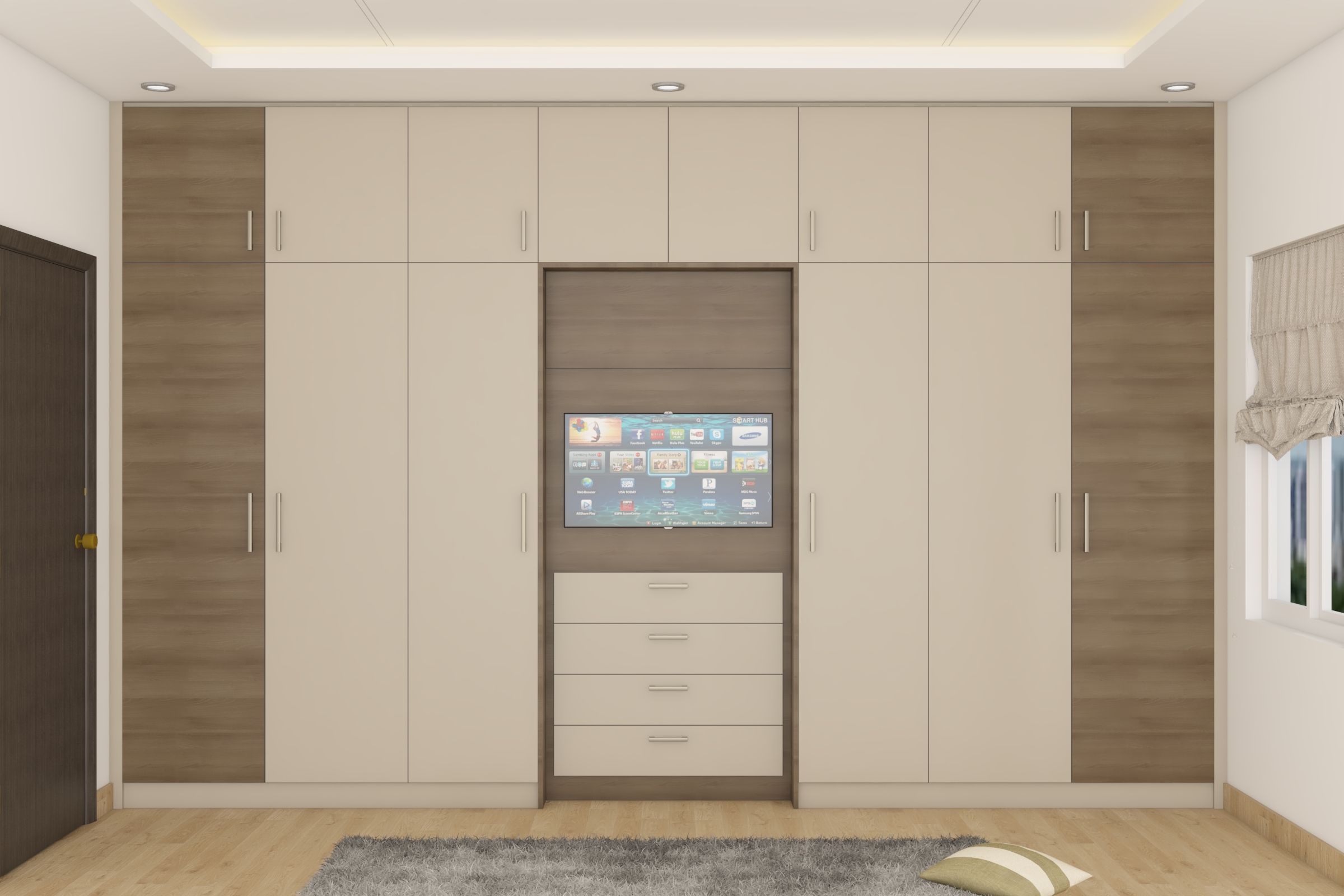 Spacious Swing Wardrobe Design With Media Section