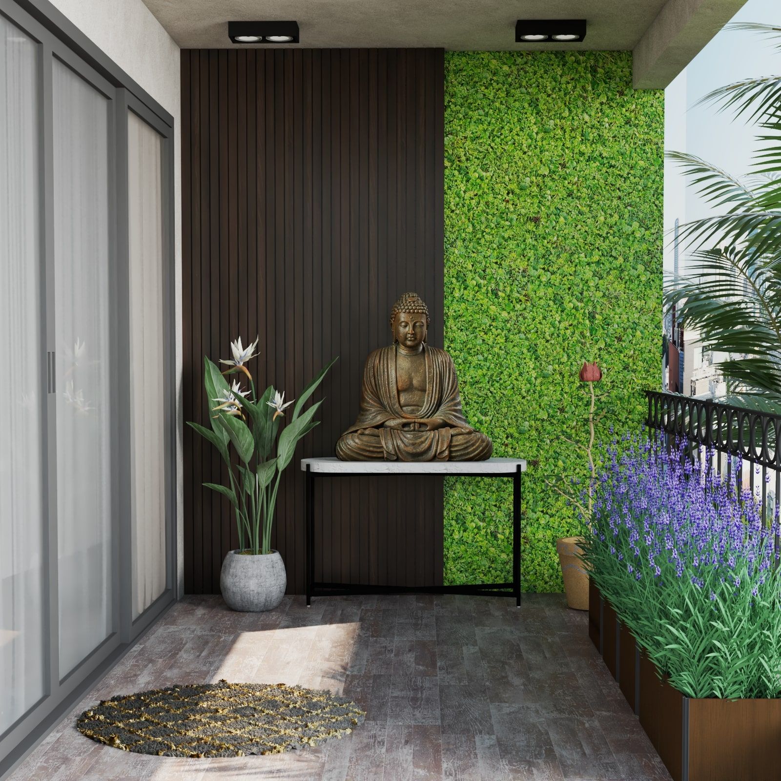 Tropical Balcony Design With White And Black Console Table And Grass Panel