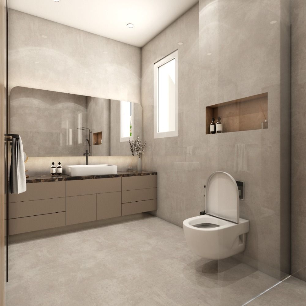 Contemporary Bathroom Design With A Wide Wall-Mounted Vanity Unit