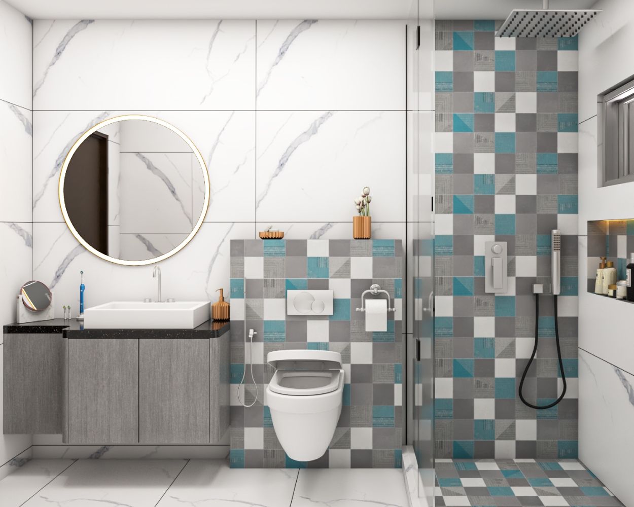 Spacious Grey And Multicolour Tiled Bathroom Design - 8X6 Ft | Livspace