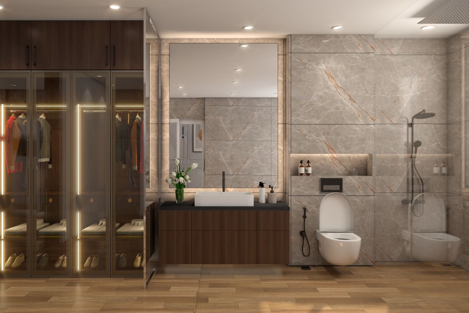 Contemporary Bathroom Design With Brown And Grey Wall Tiles
