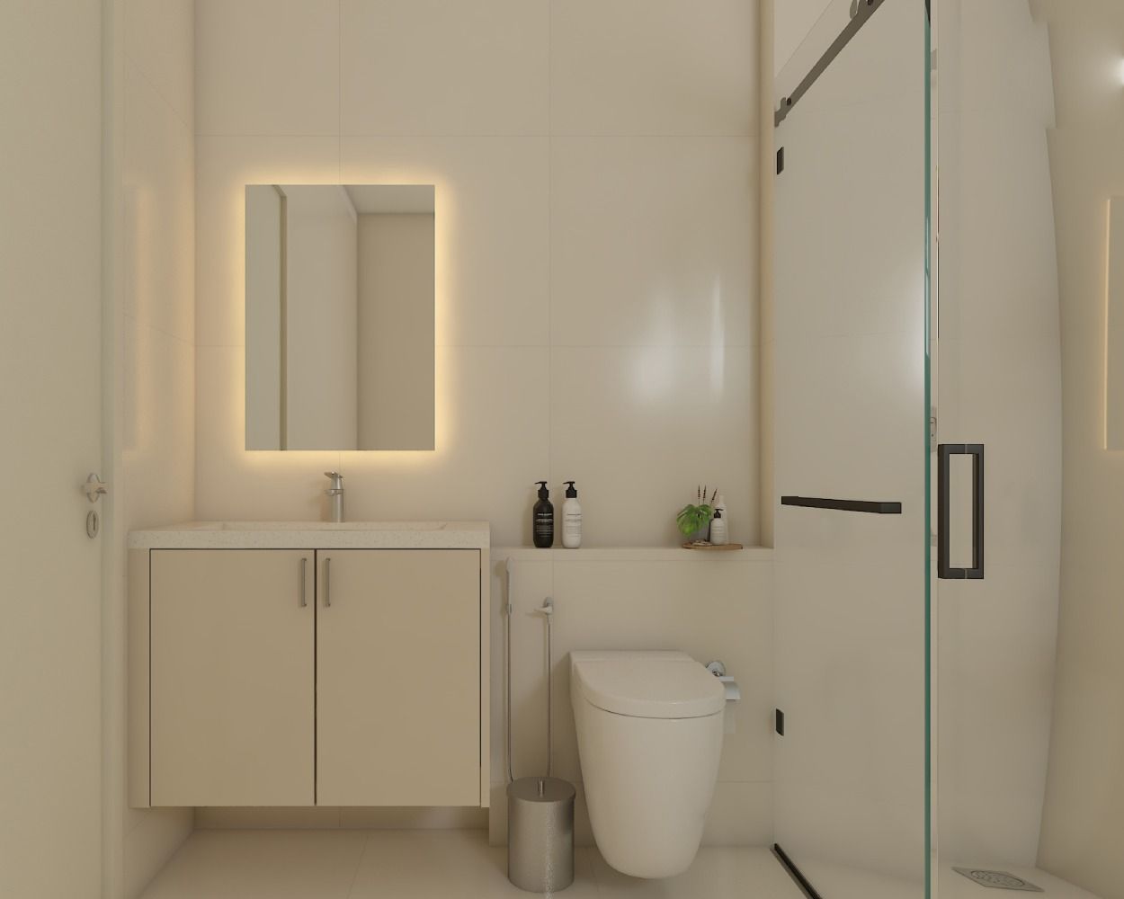 Minimalist Small Bathroom Idea With A Backlit Mirror And Wall-Mounted Storage