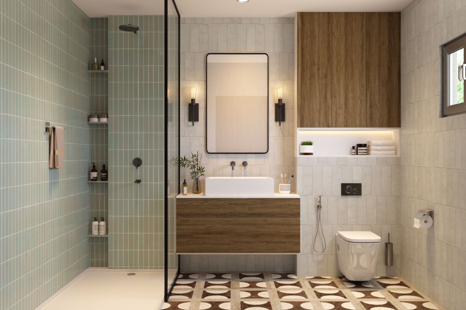 Contemporary Bathroom Design With Wall-Mounted Lights And Mirror