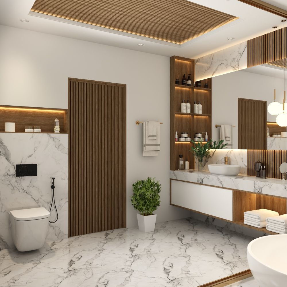 Contemporary Bathroom Design With Open Shelves And A Closed Vanity Unit