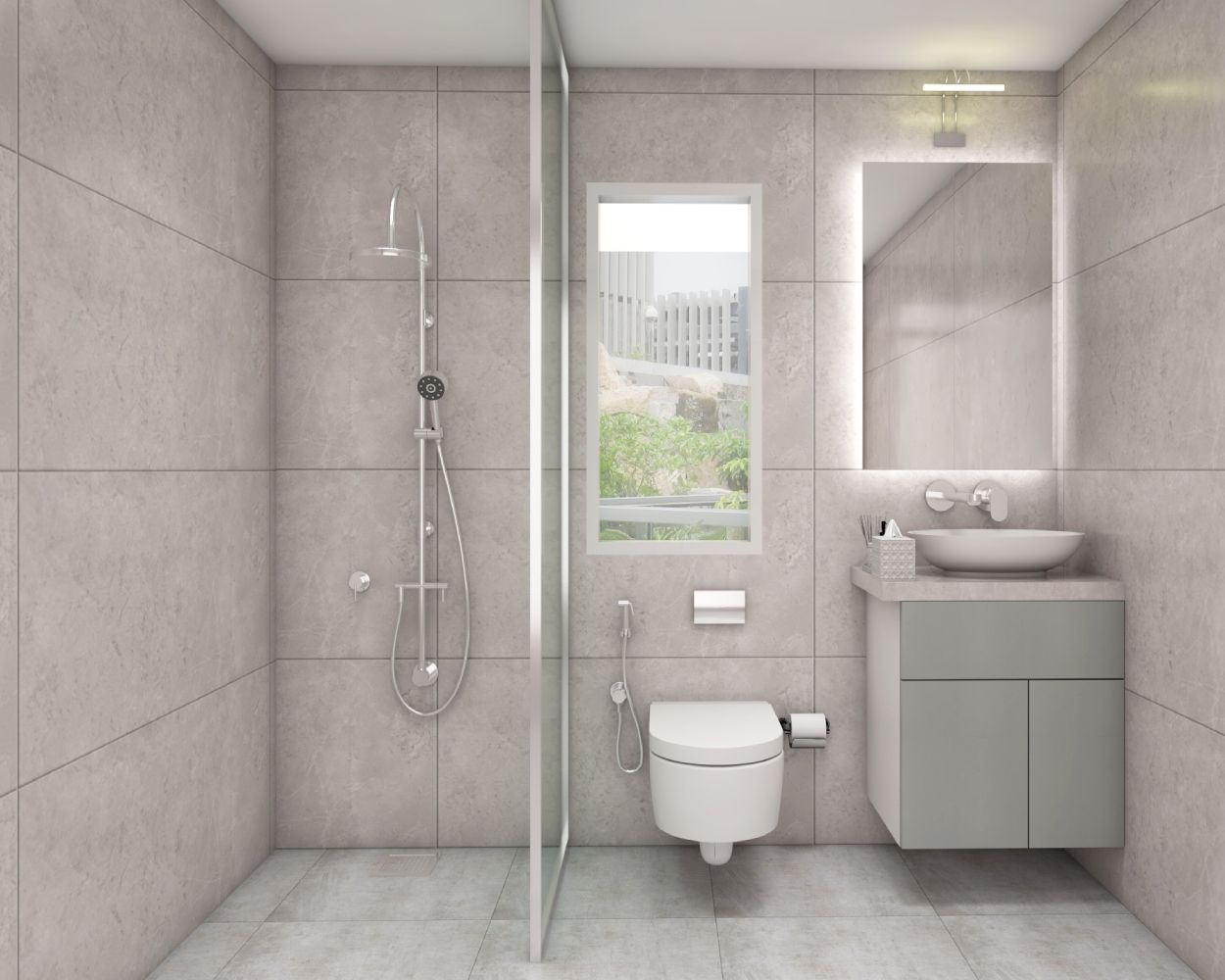 Modern Grey Small Bathroom Design Idea With Wall-Mounted Vanity Unit