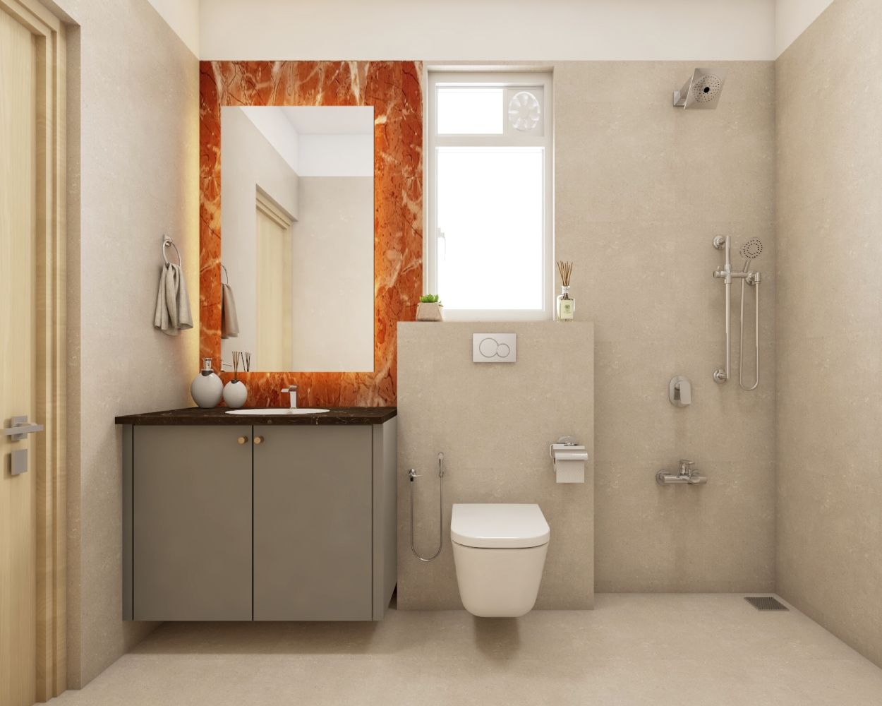 Modern Beige And Brick Red Small Bathroom Design Idea