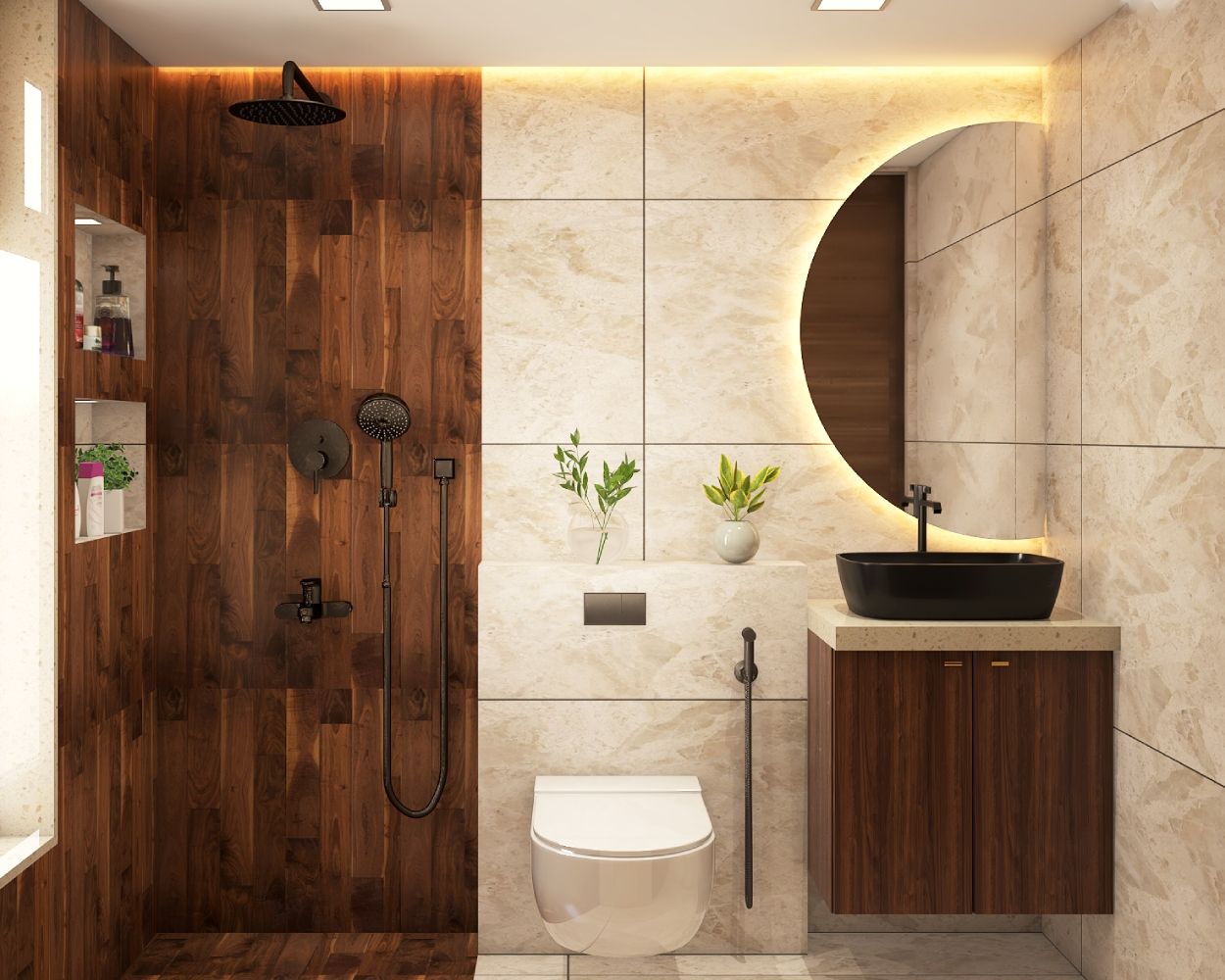 Compact Beige And Brown Bathroom Design 8X5 Ft Livspace