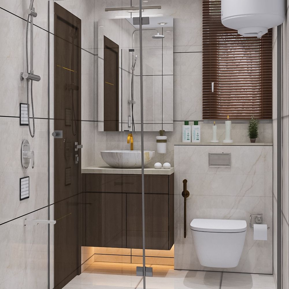 Modern White Marble Small Bathroom Design Idea With Rectangular Mirror