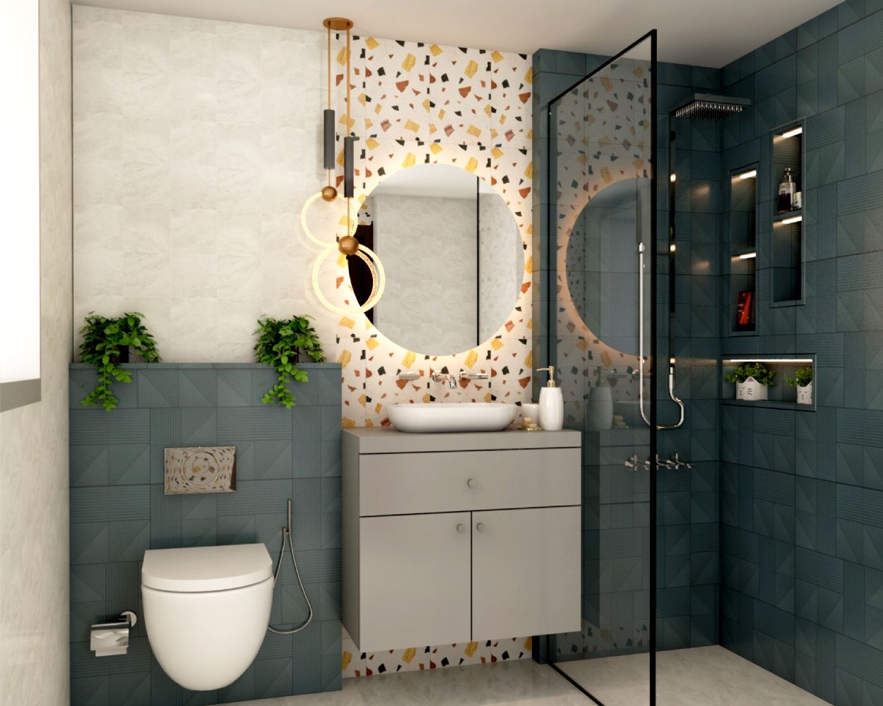 Contemporary Dark Blue And Beige Small Bathroom Design Idea With Terrazzo Tiles
